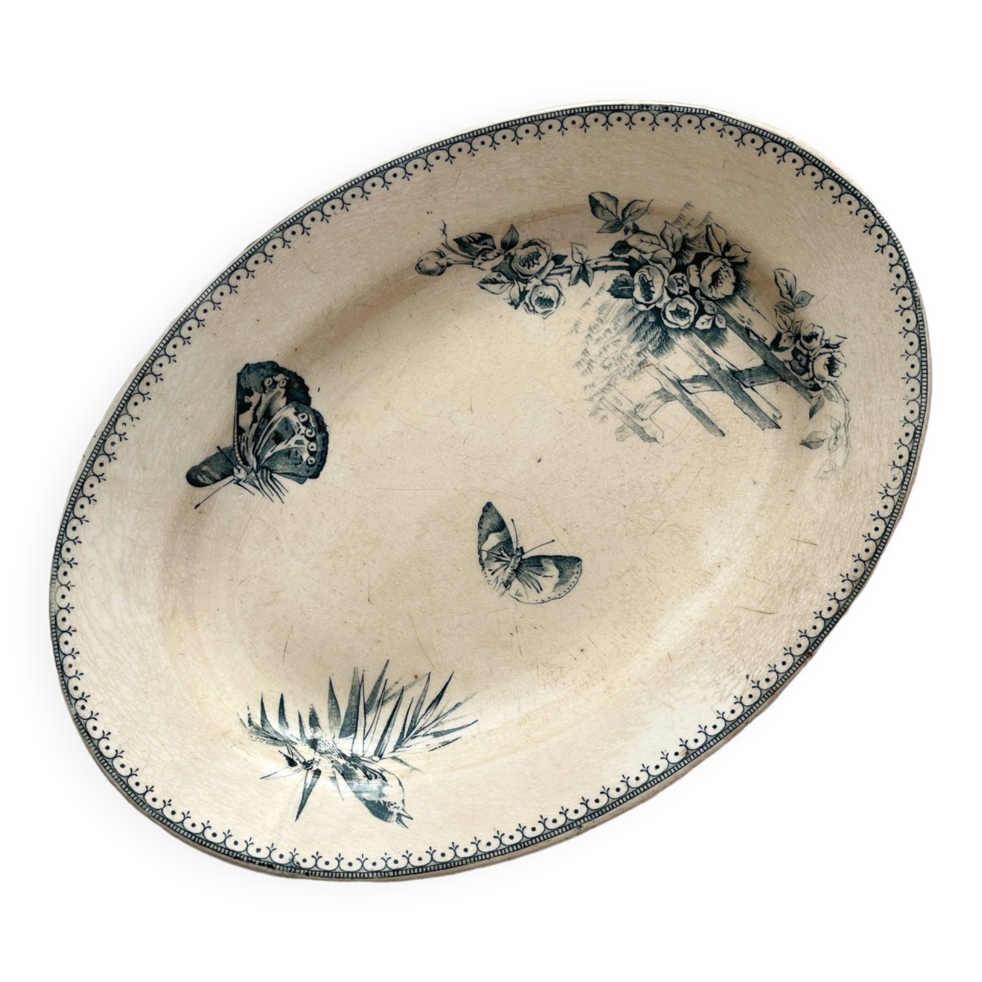 Oval ironstone dish flowers birds "Malaga" Petrus Regout