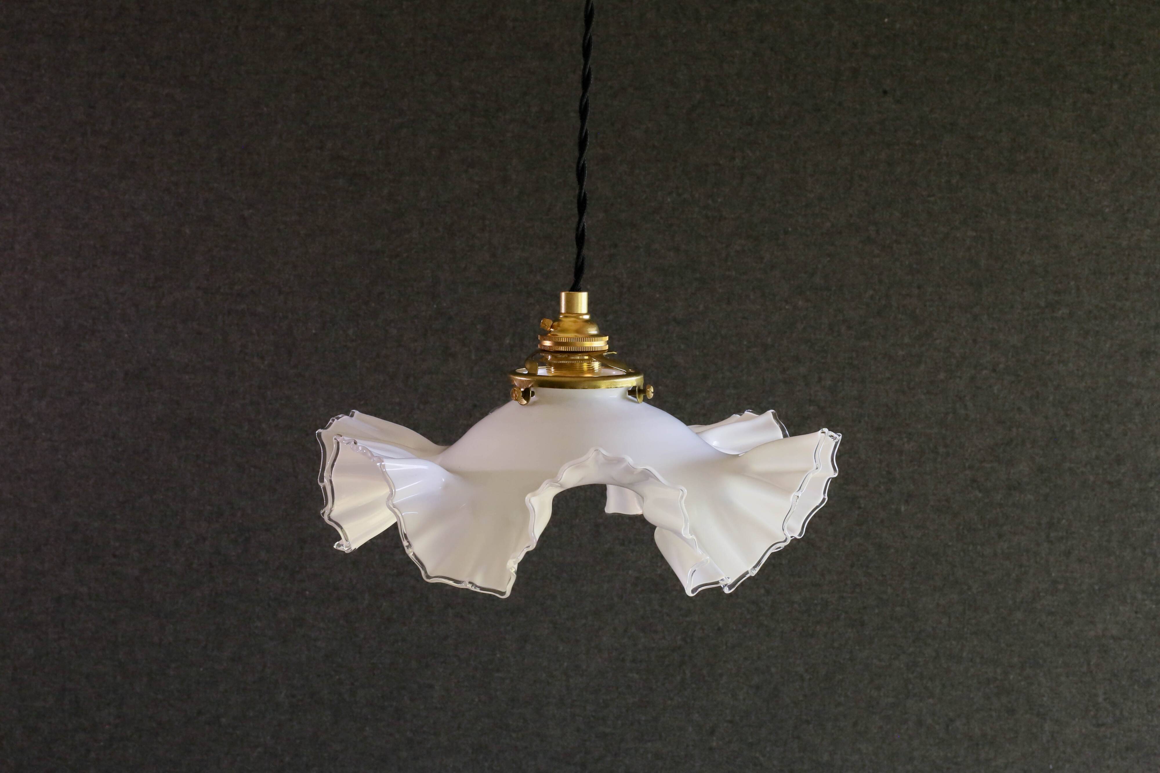 Old white glass pendant light with translucent net - circa 1930. Brass socket and new cable