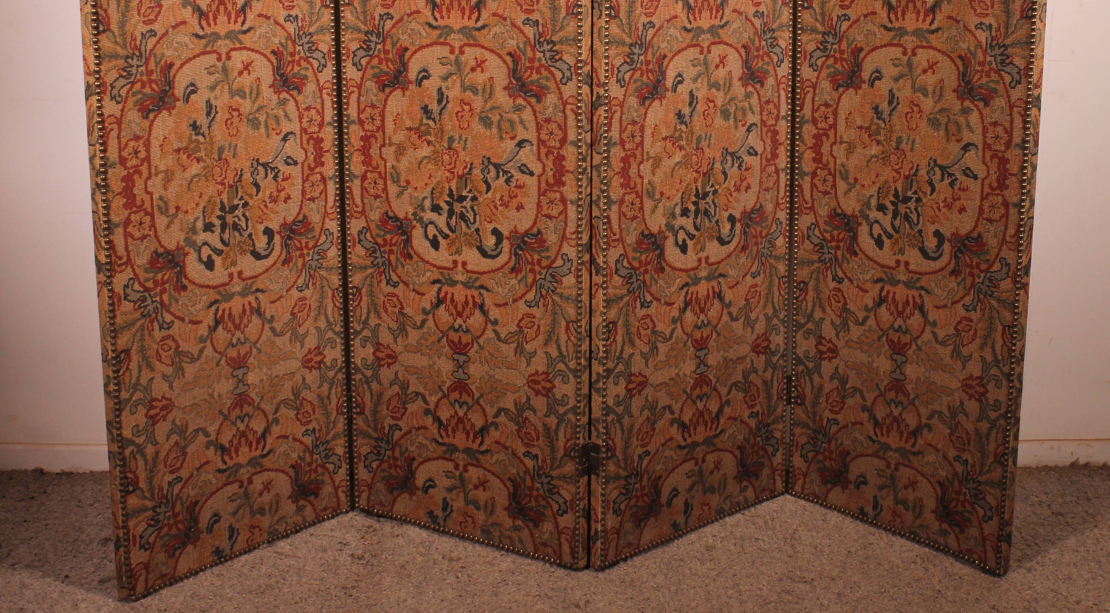four-panel screen painted on 19th century fabric