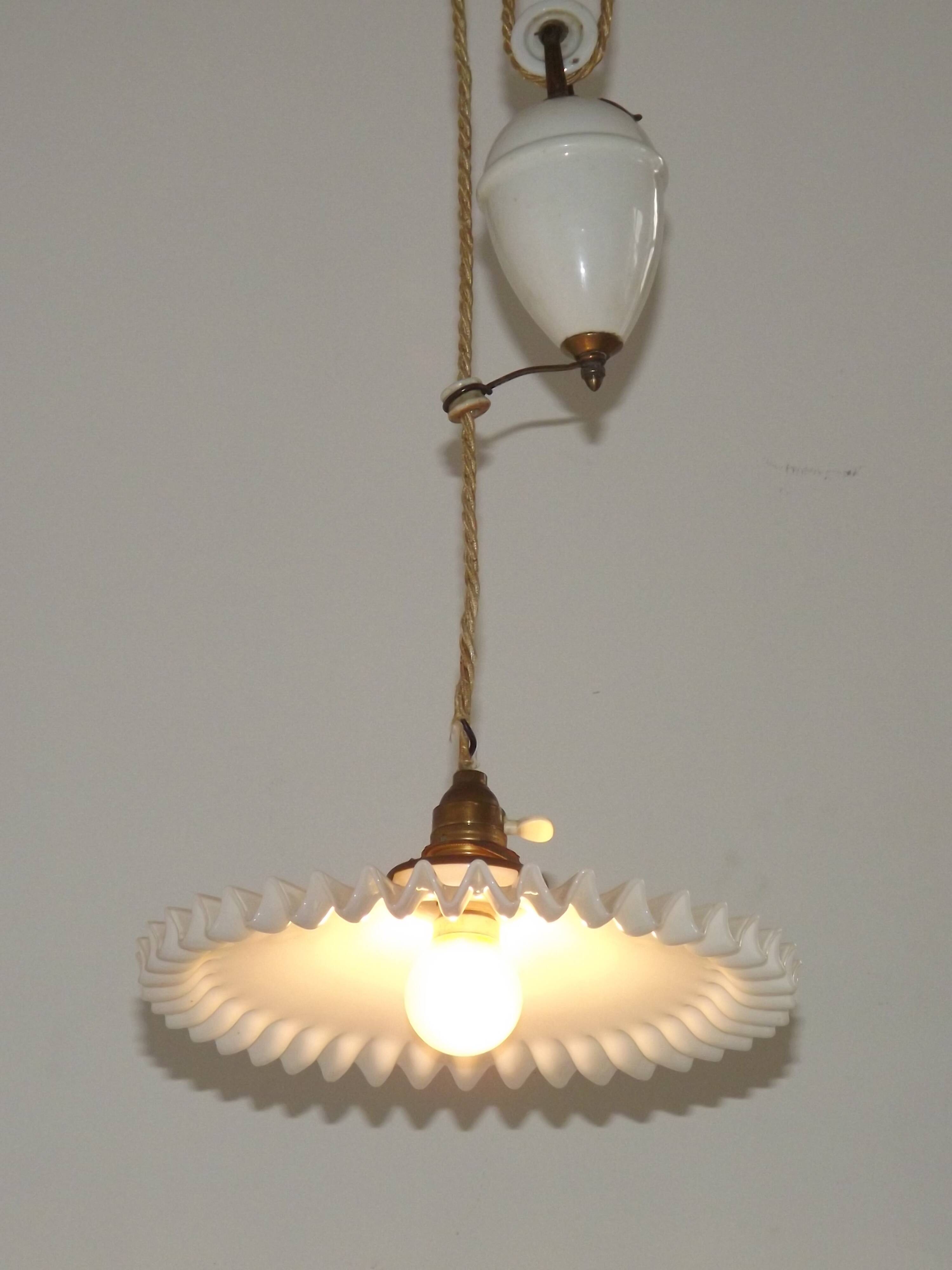 Vintage French Rise & Fall Counterbalance Ceiling Light Opaline Glass Shade