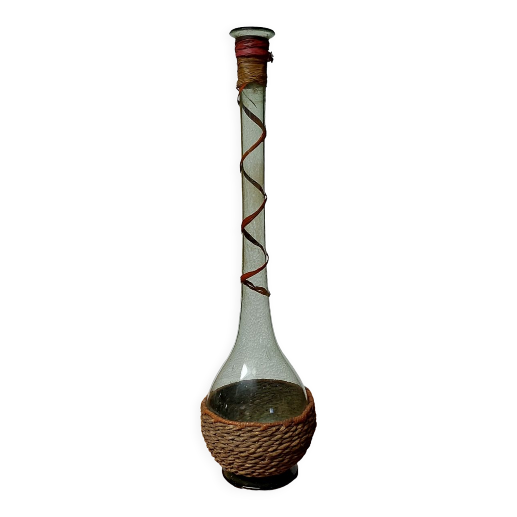 Grande Bouteille Ancienne En Verre Pressé Moulé – Long Col épais, Vintage (signée RAAK)