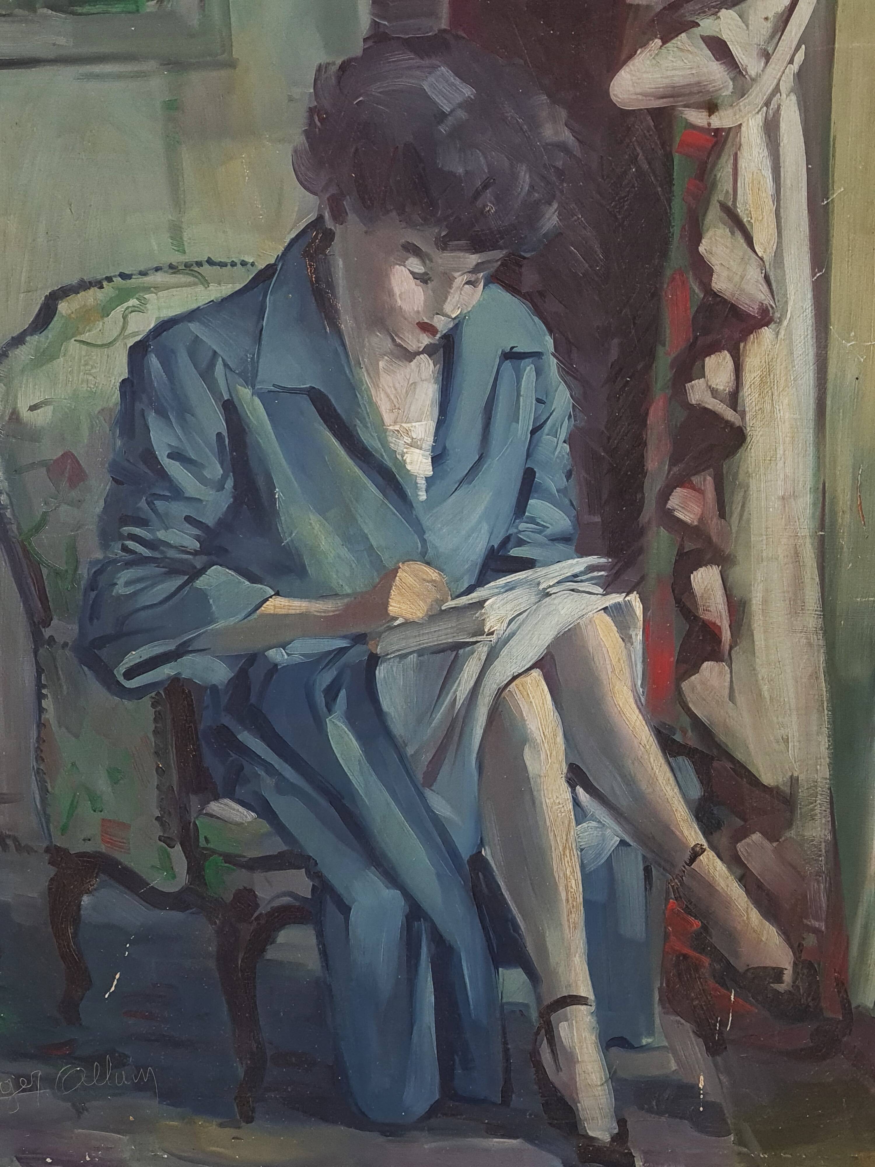 Oil on panel Young woman reading Signed Roger Alluin dated 28/2/38