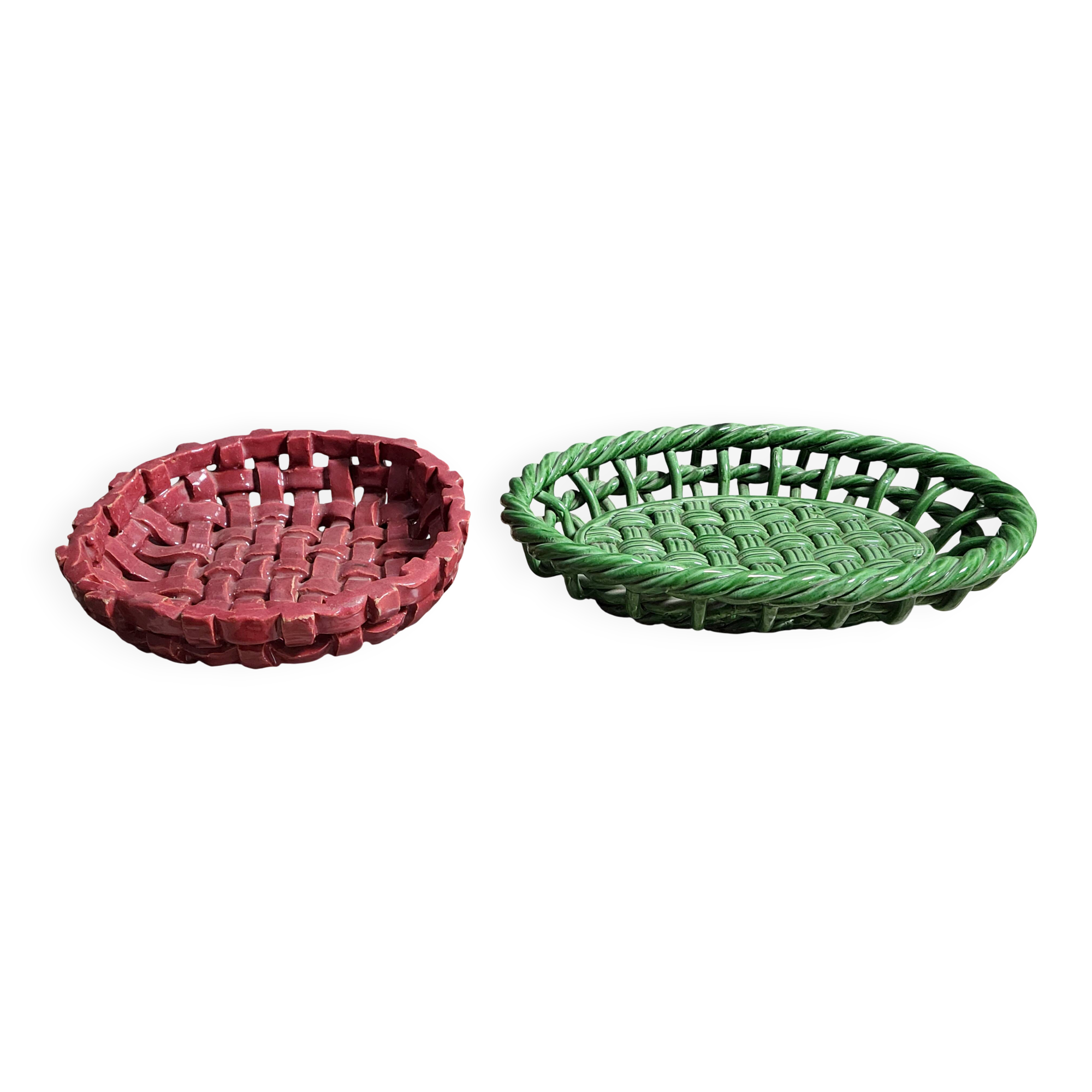 Two woven ceramic fruit baskets/centerpieces