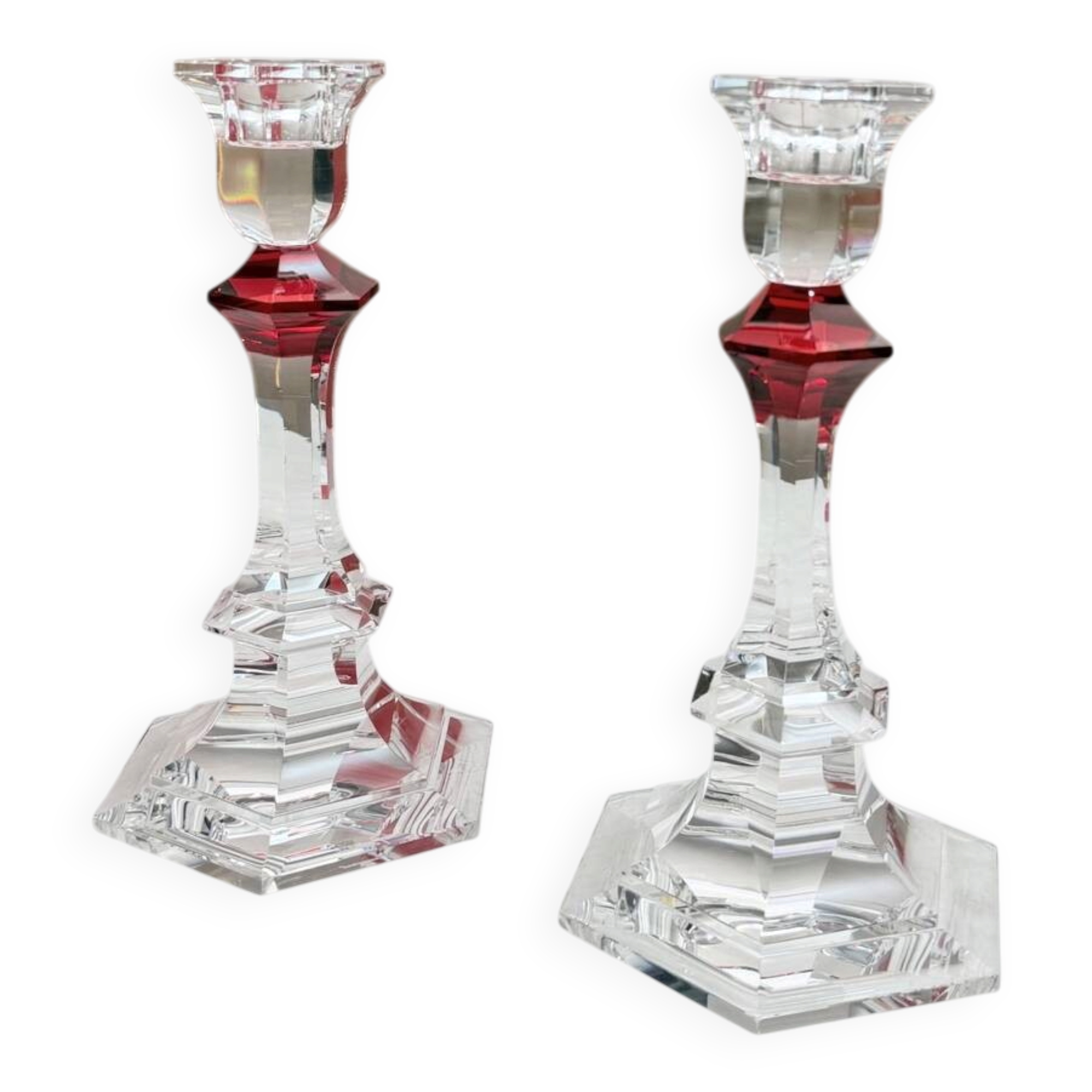 Baccarat Harcourt Candlesticks, Red Knob – Pair, 22 cm