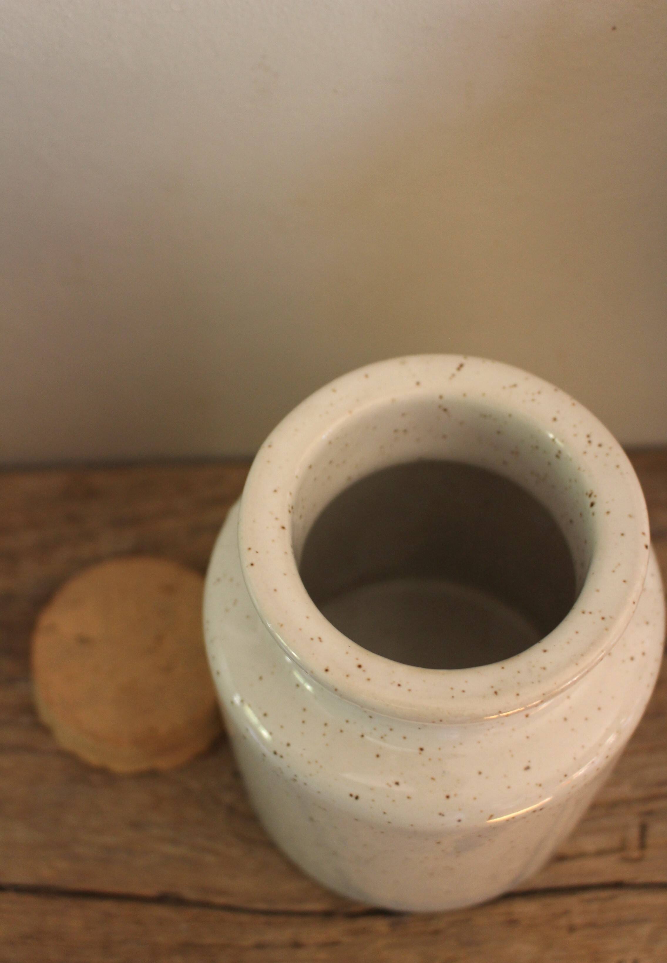 Mottled glazed stoneware mustard pot with cork stopper