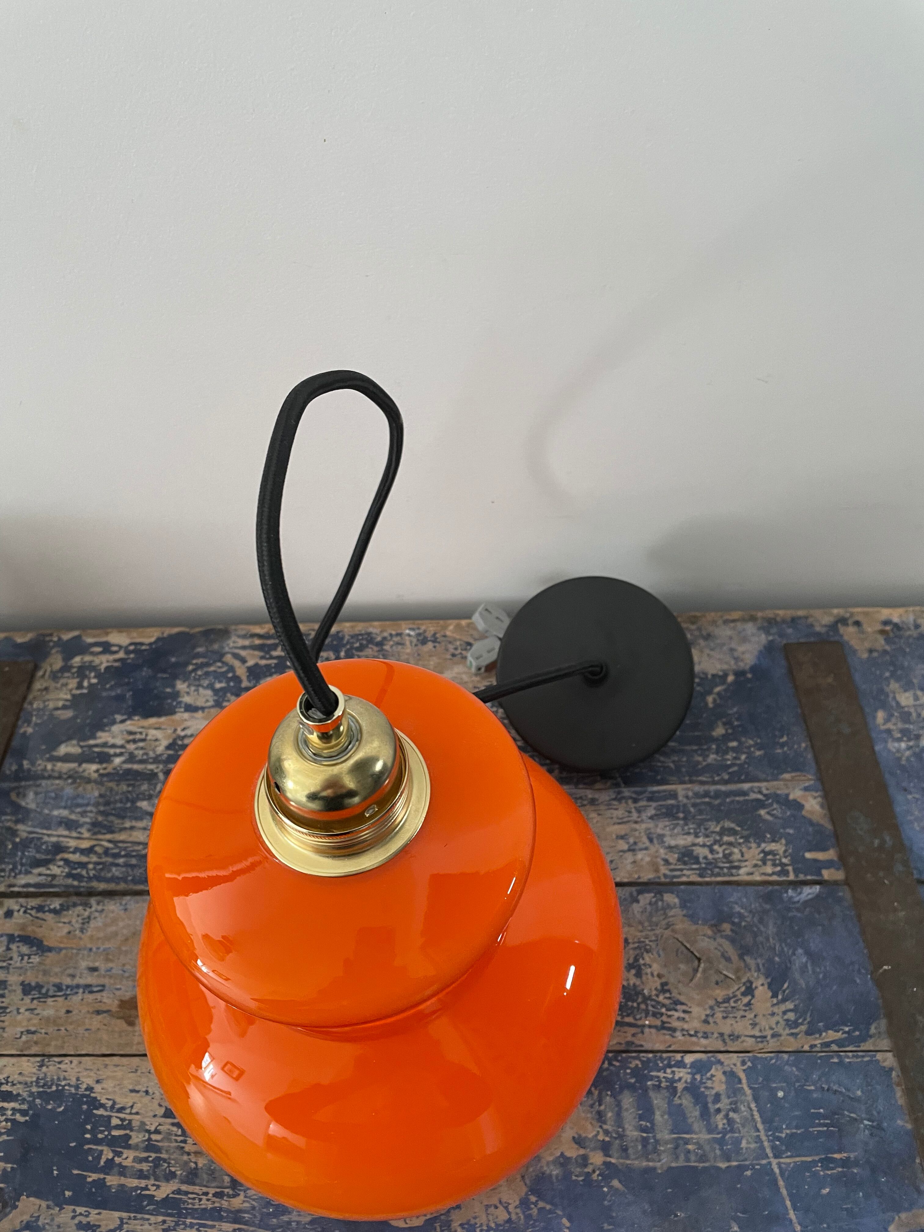 Vintage pendant lamp in electrified orange opaline to nine
