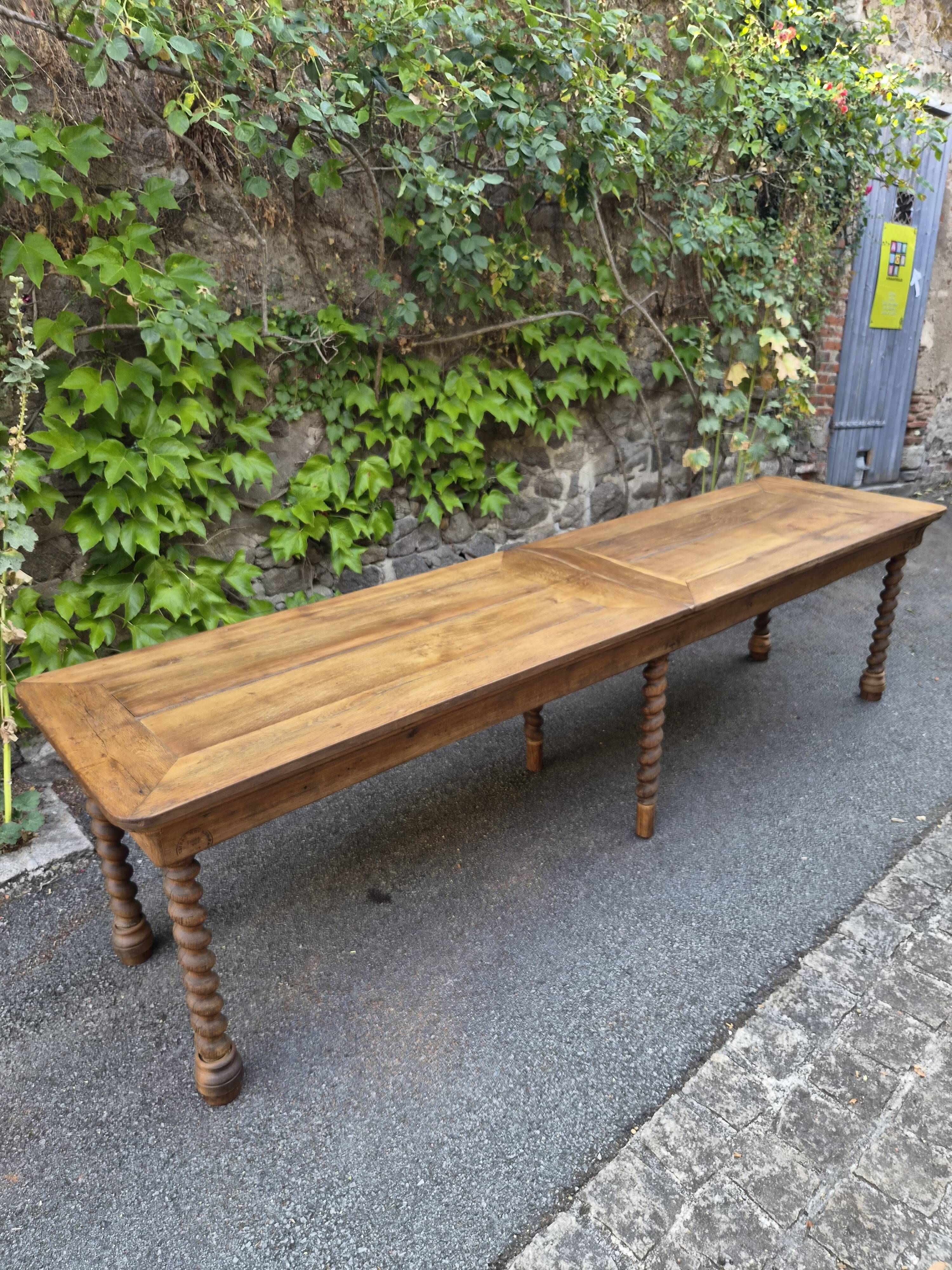 Antique French draper's table in oak, shop counter, work table, 6 feet, circa 1750–1850.