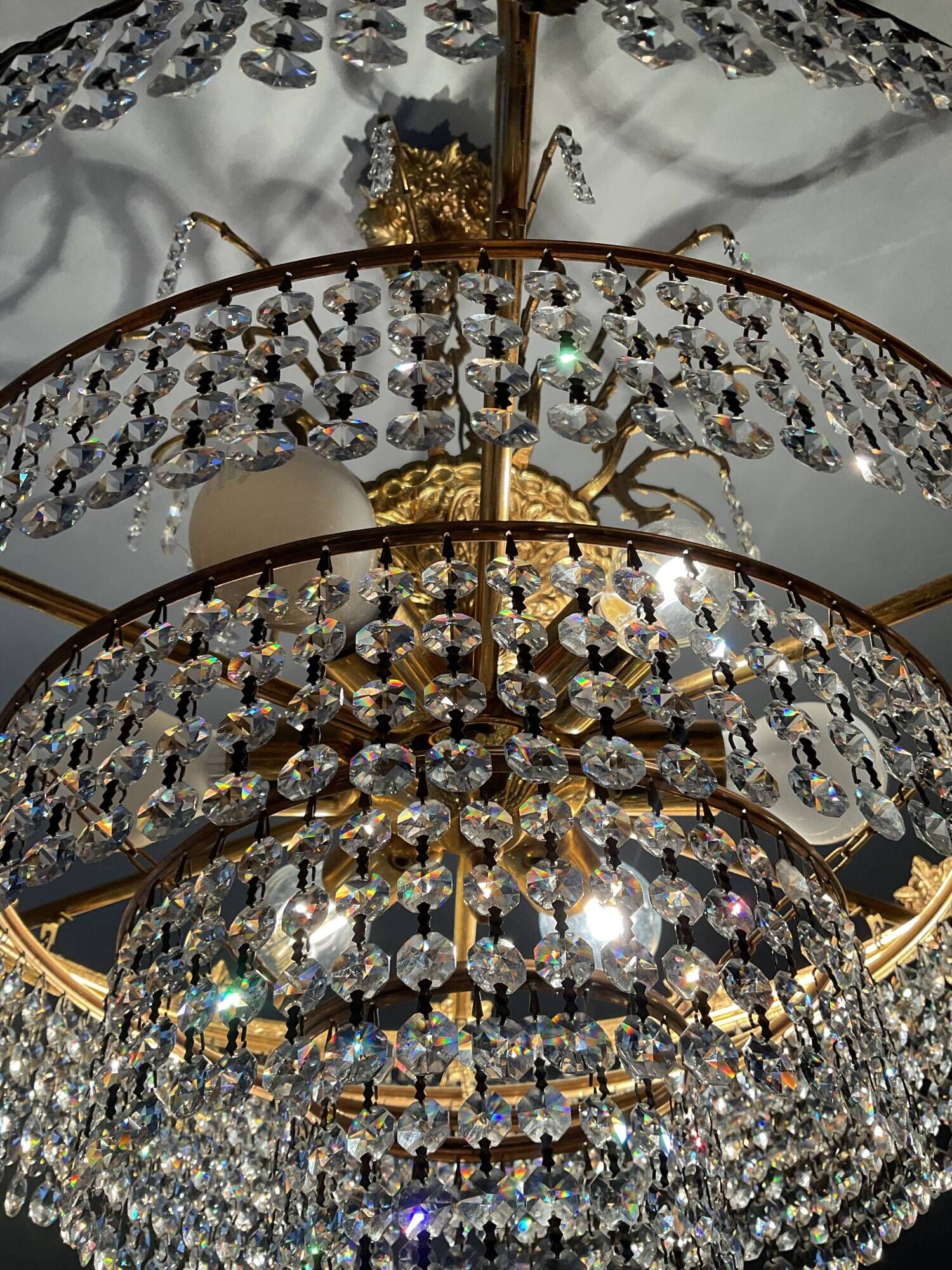 Old bronze waterfall chandelier with crystal tassels