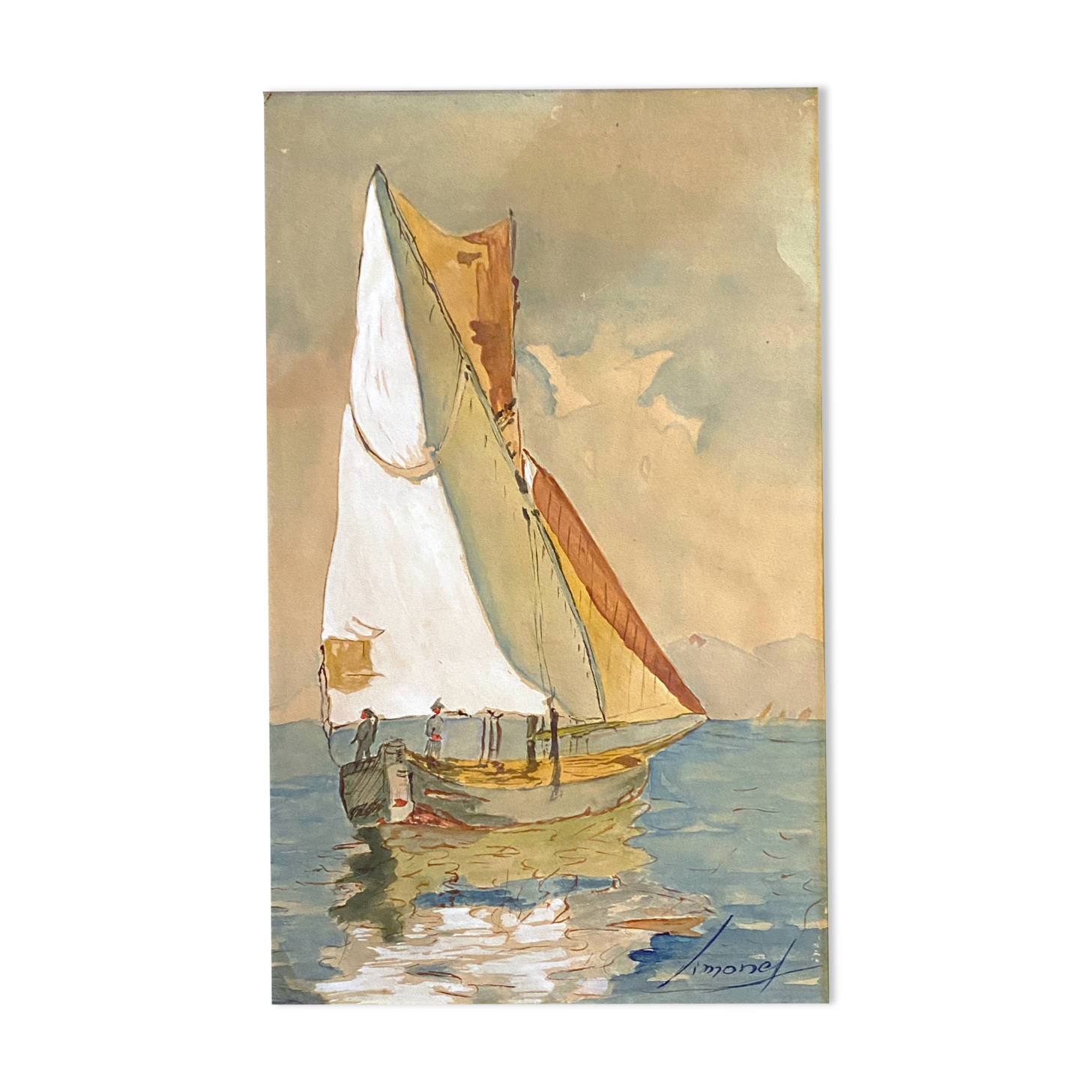 Old watercolor painting "Sailboat sailing" signed Simonet