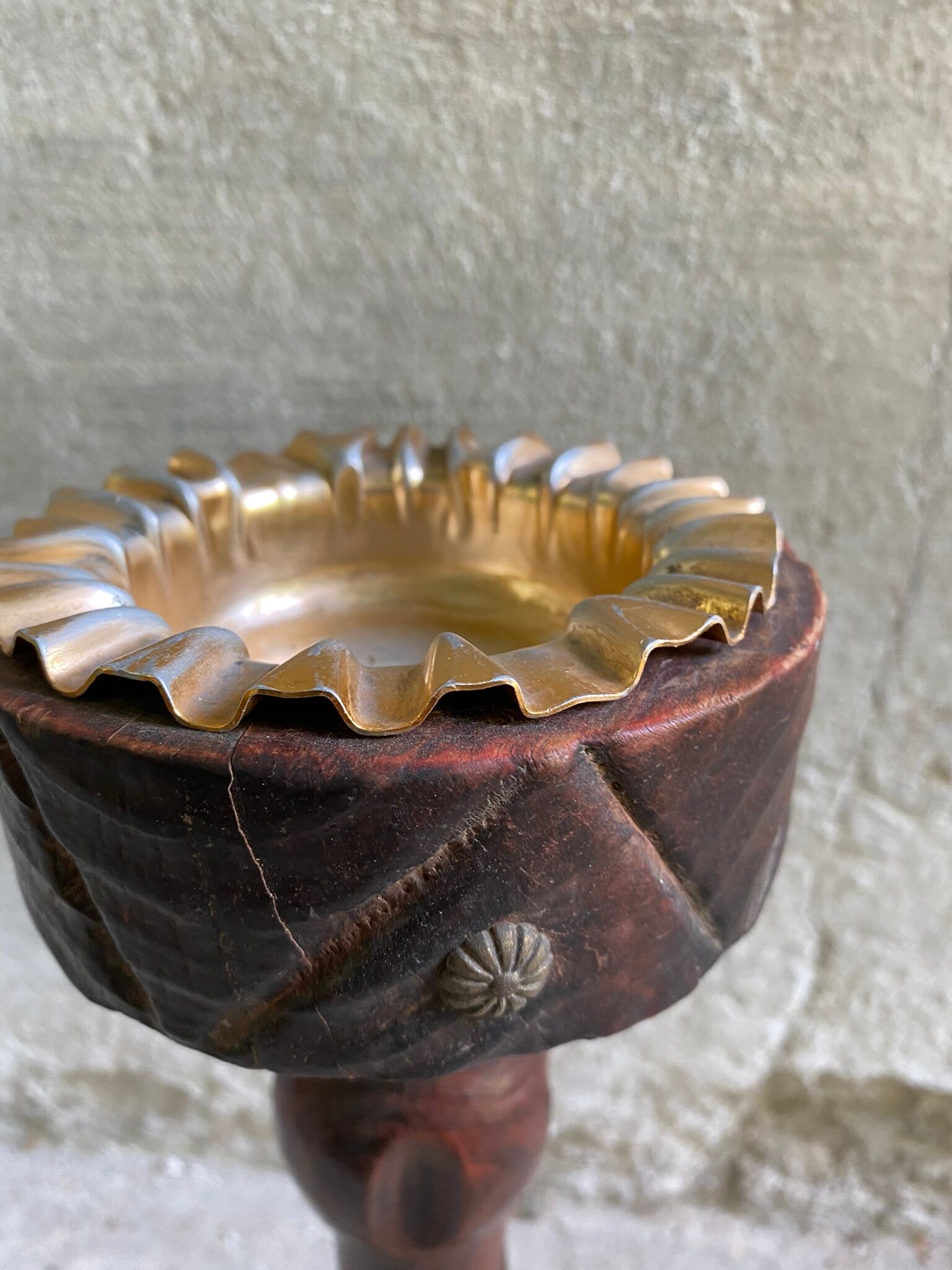 Rustic ashtray carved wood on vintage stand