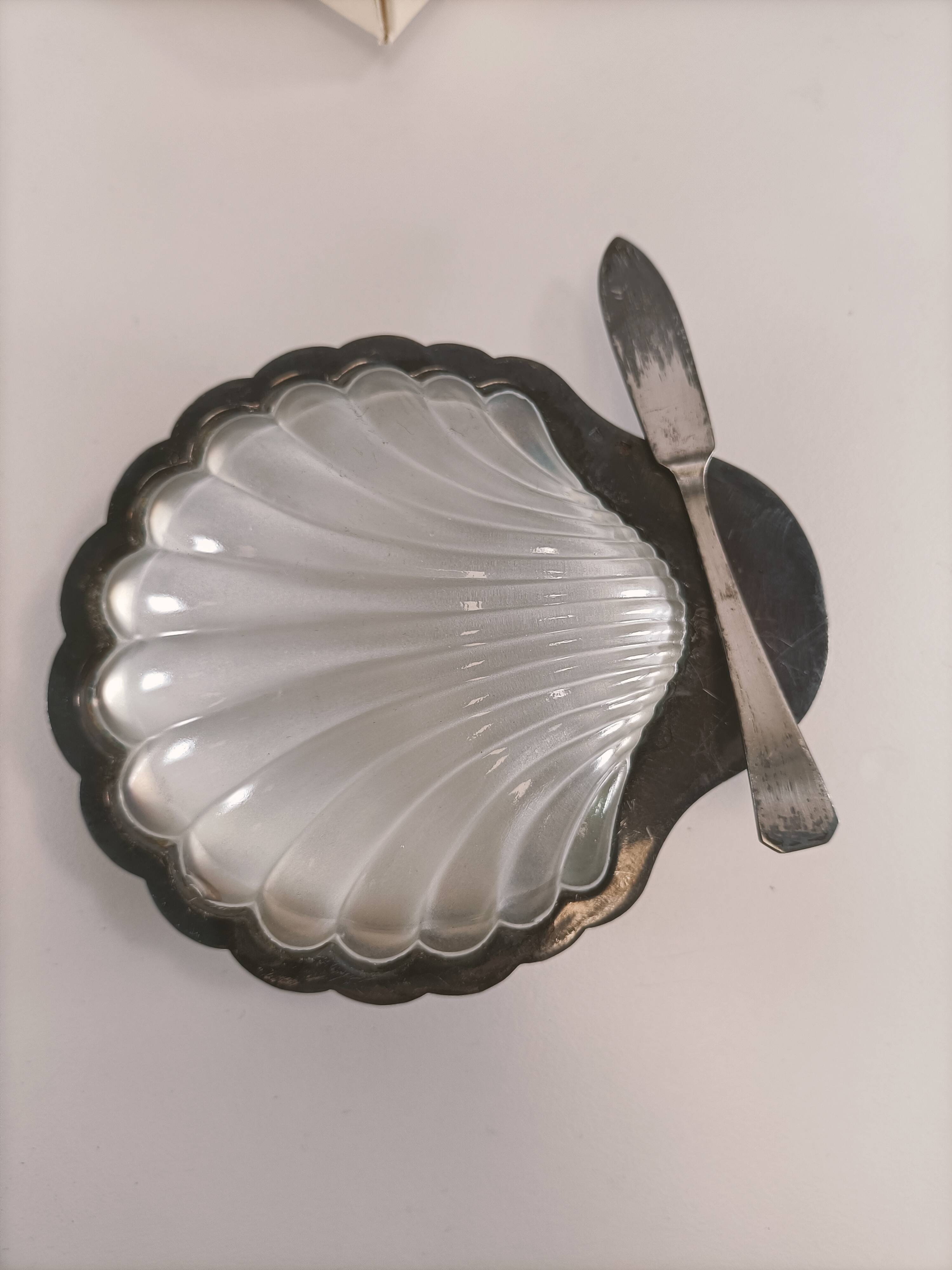 Complete Shell Butter Dish - Metal & Glass - Original Box - 1970s