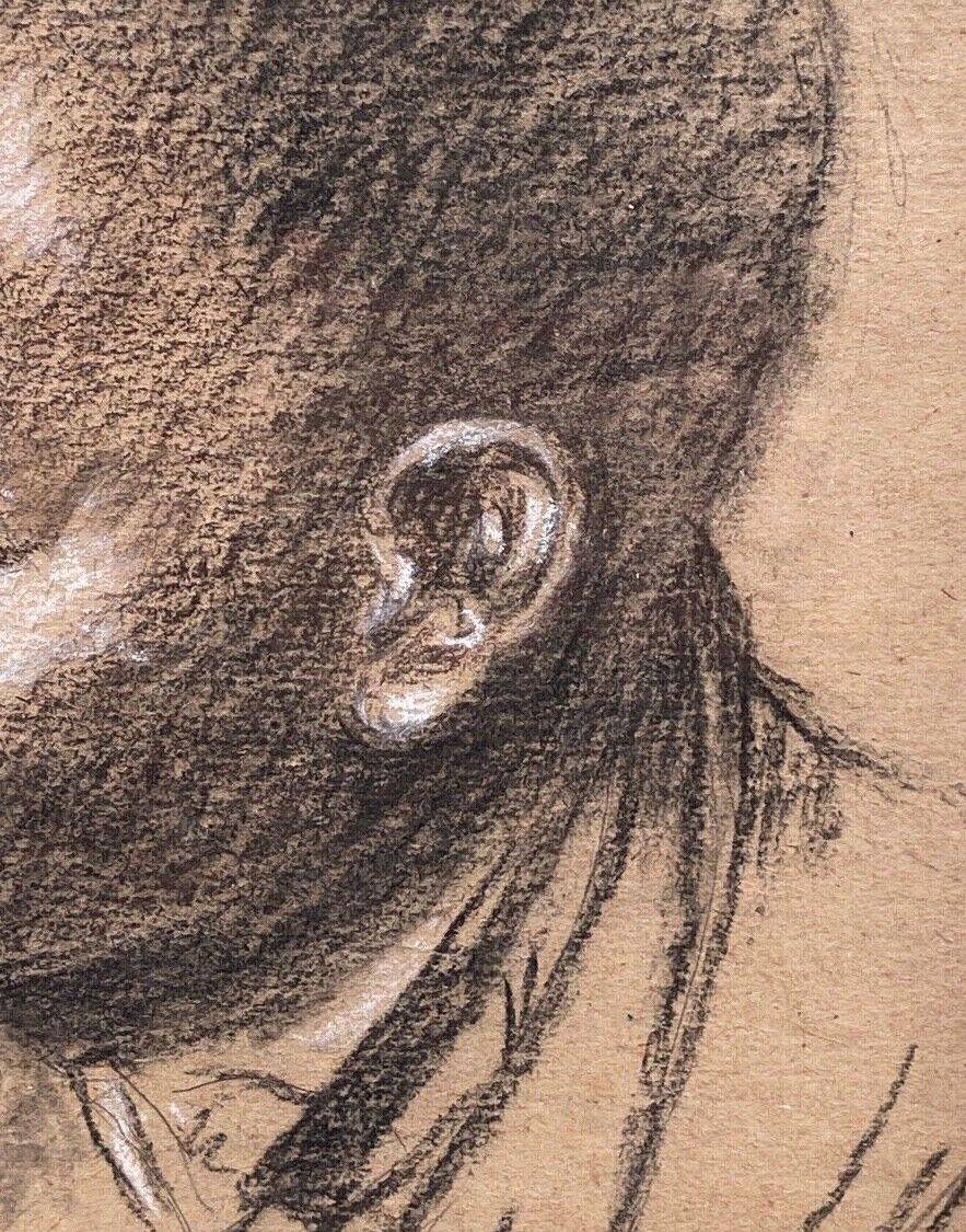 Old painting portrait of black boy in charcoal wooden frame signed RD 96