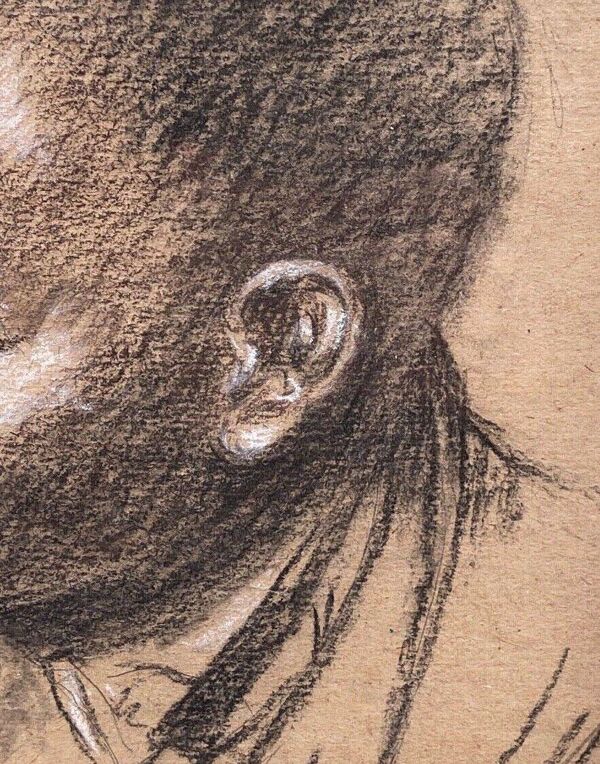 Tableau ancien portrait de garçon noir au fusain cadre en bois signé RD 96