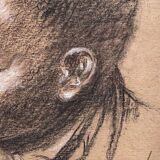 Old painting portrait of black boy in charcoal wooden frame signed RD 96