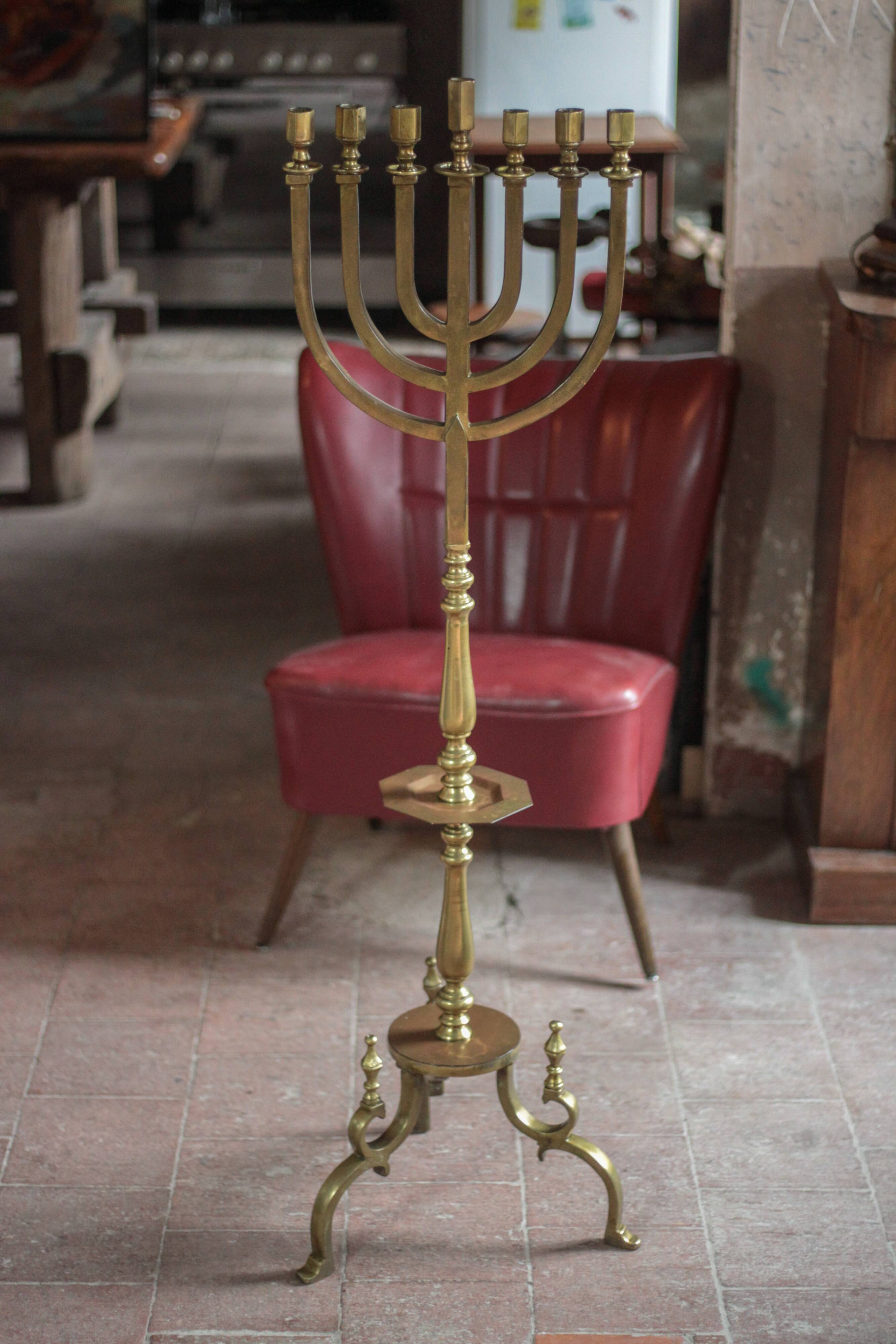 Golden bronze chandelier with seven arms, Menorah, candlestick on a stand, candelabrum.
