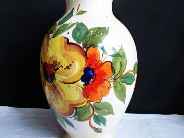 Vase à fleurs, vase français en faïence peint mains, vase décor floral.