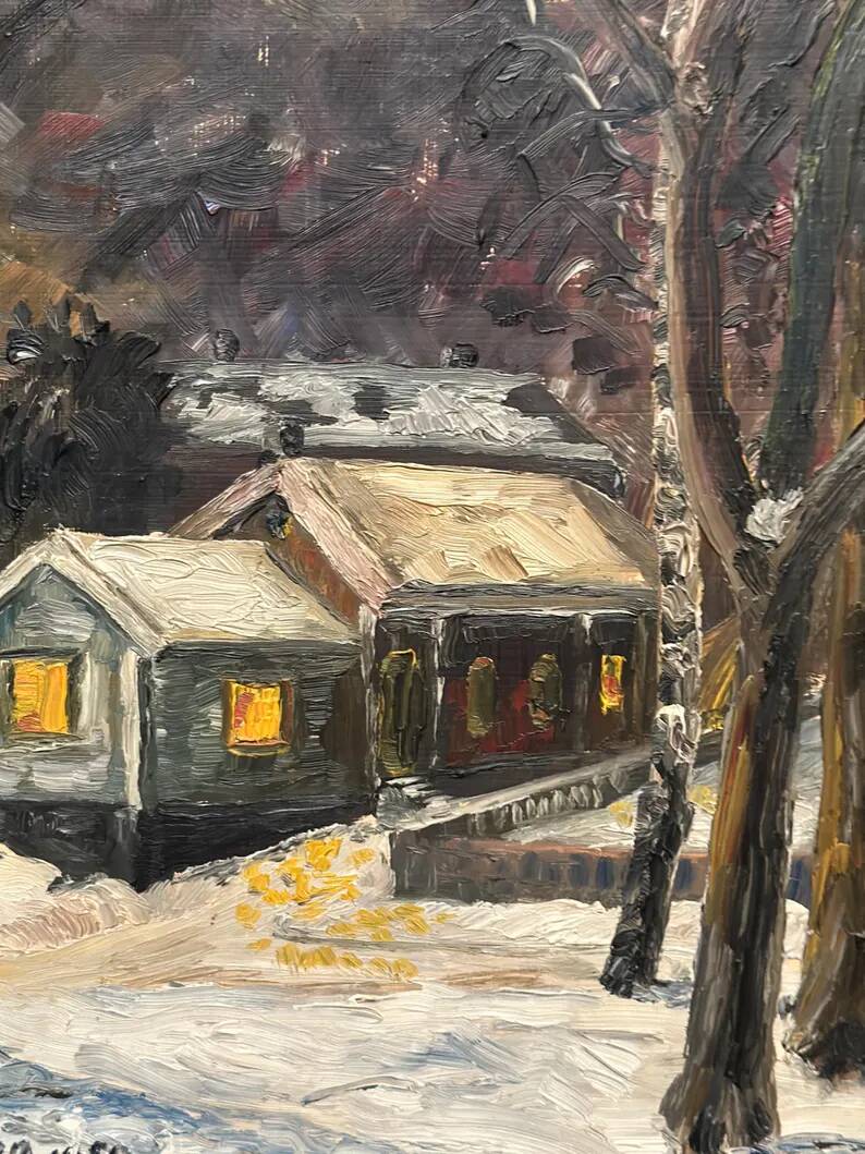 Original Swedish Oil on Panel – “Winter Landscape with House” by M. L. Jacobson – Signed – Vintage & Framed – 48 × 41 cm (18.9" × 16.1")