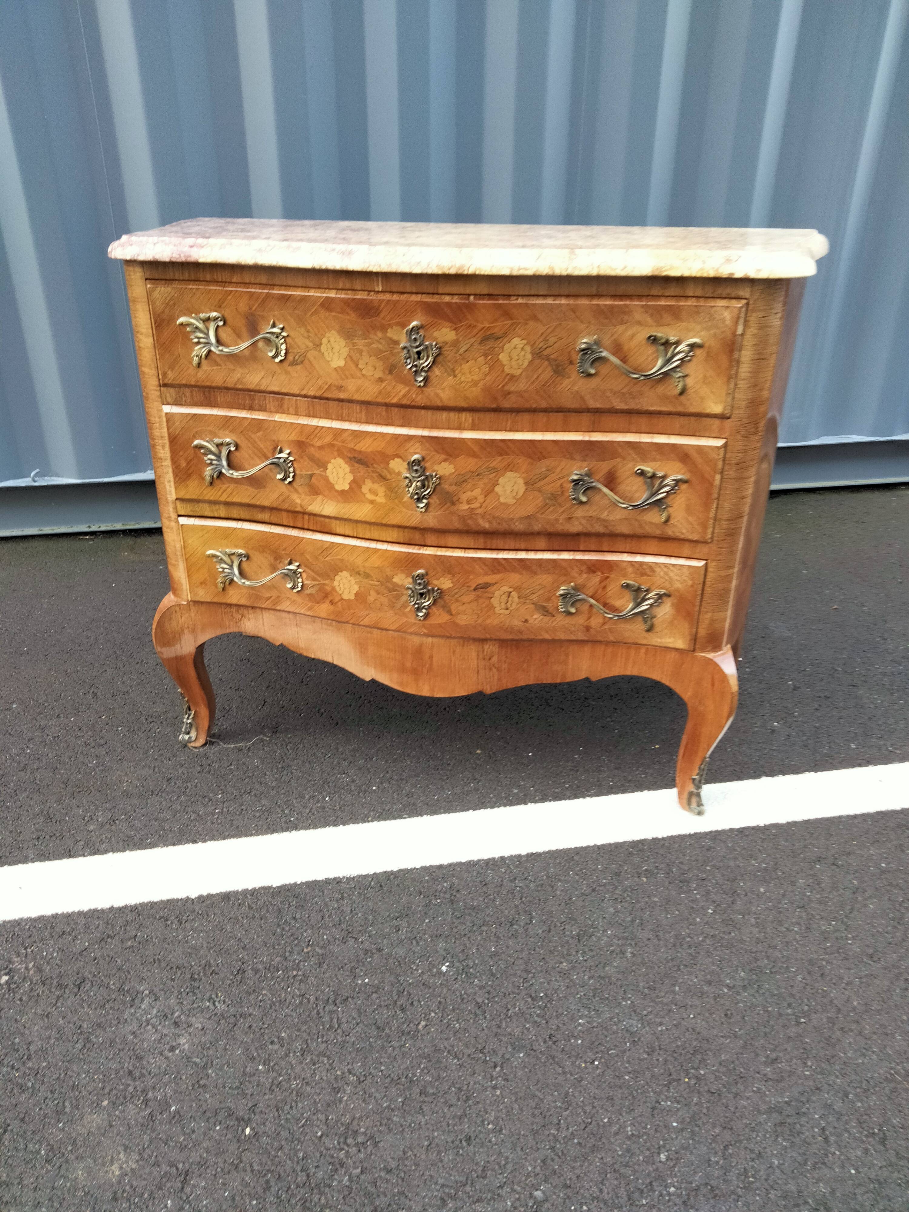 Chest of drawers old marquetry marble top Louis XV style