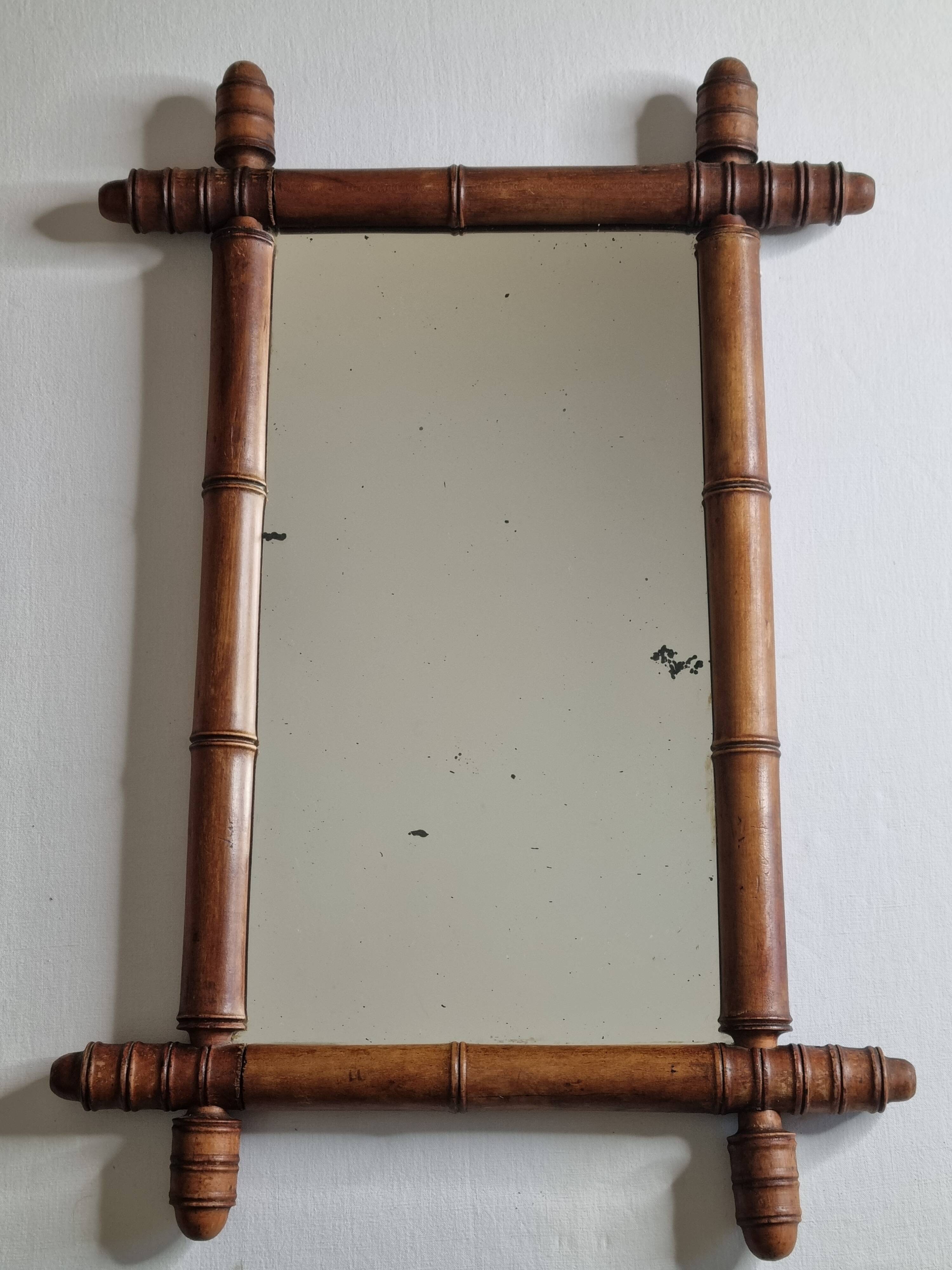 Antique bamboo-style mirror in turned wood – late 19th century, 62 x 42 cm