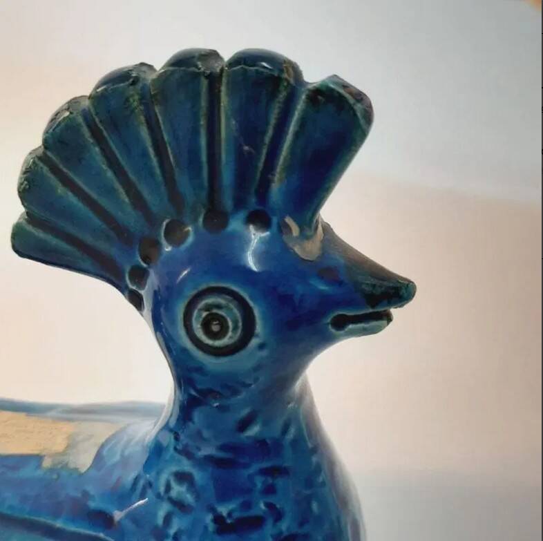 Pair of vintage peacock statues, Aldo Londi for Bitossi, Rimini blu series.