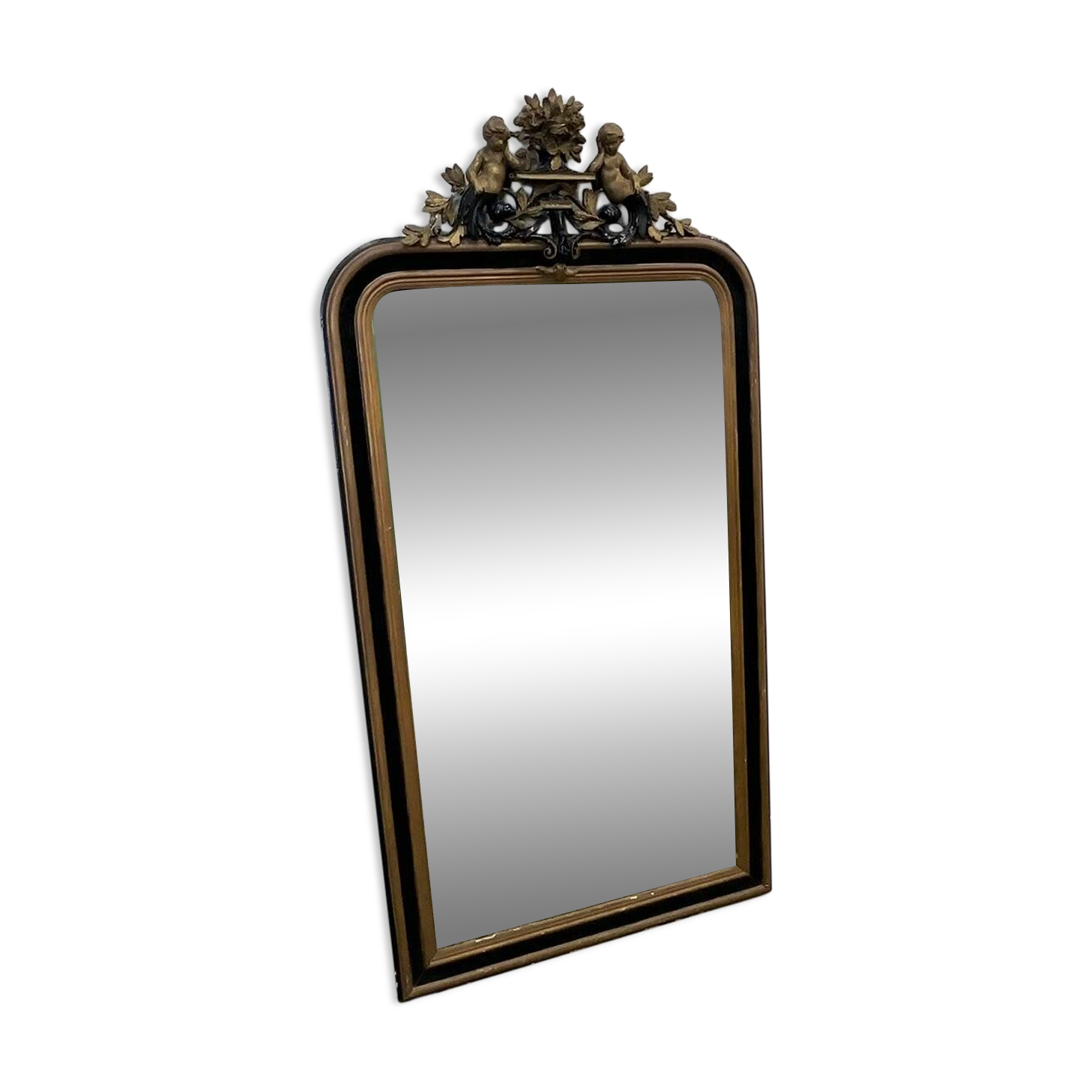 Antique 1800s black and gold mirror with cupid, France 1800s.
