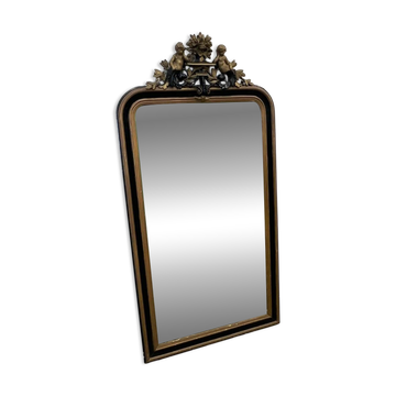 Antique 1800s black and gold mirror with cupid, France 1800s.