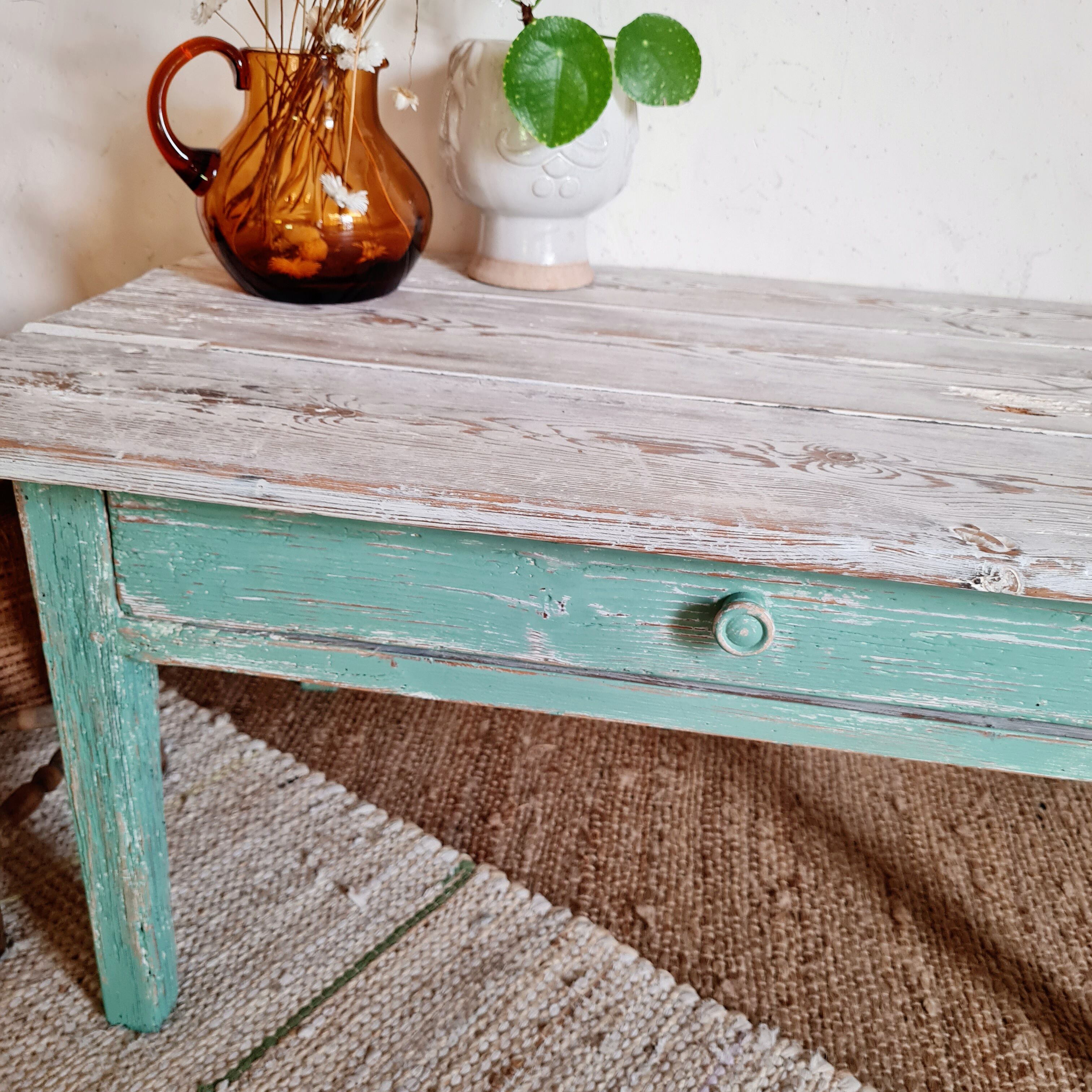 Table basse de ferme en bois piétement vert