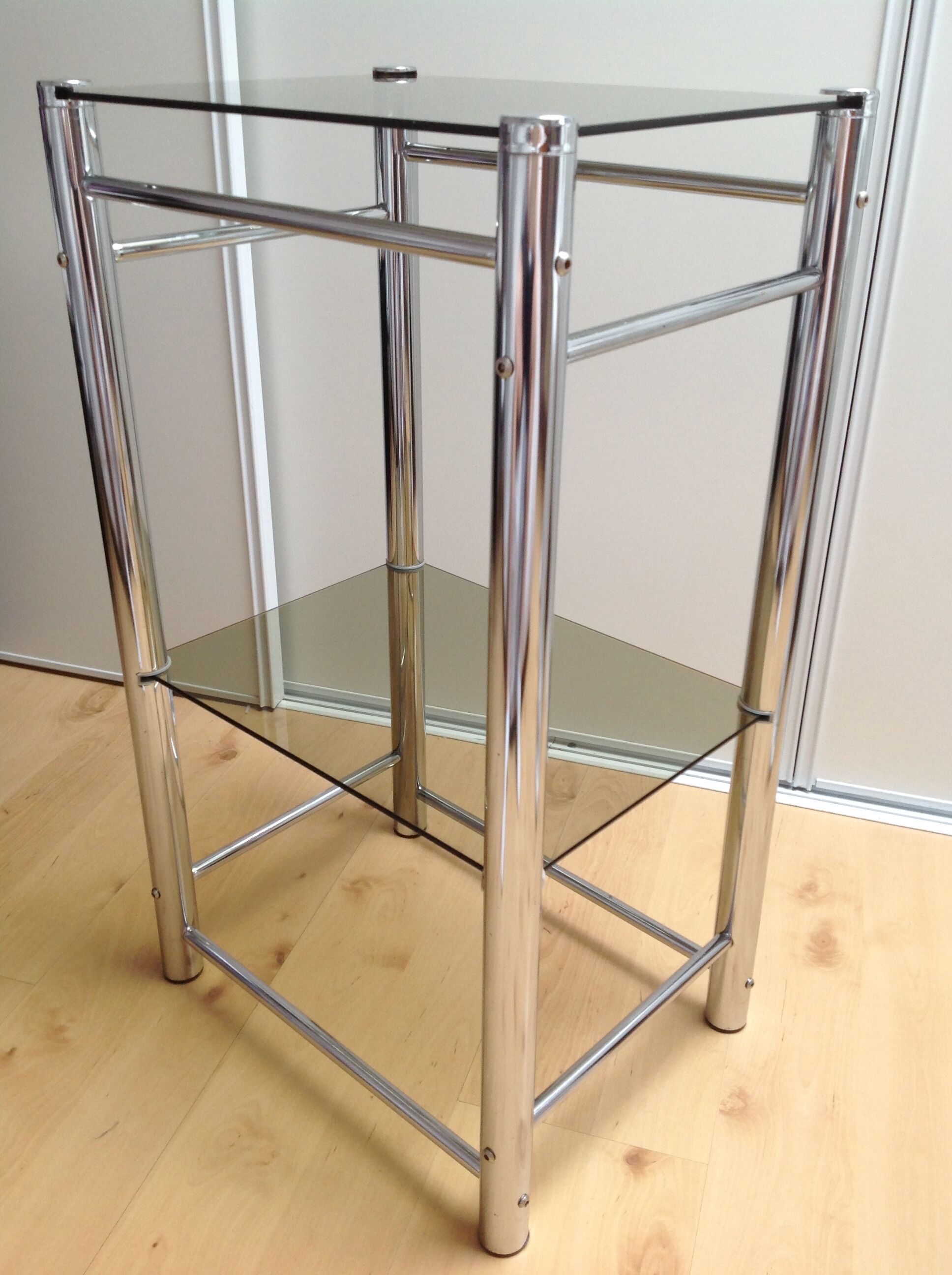 Two-tray console in smoked glass and chrome metal / vintage 70s-80s