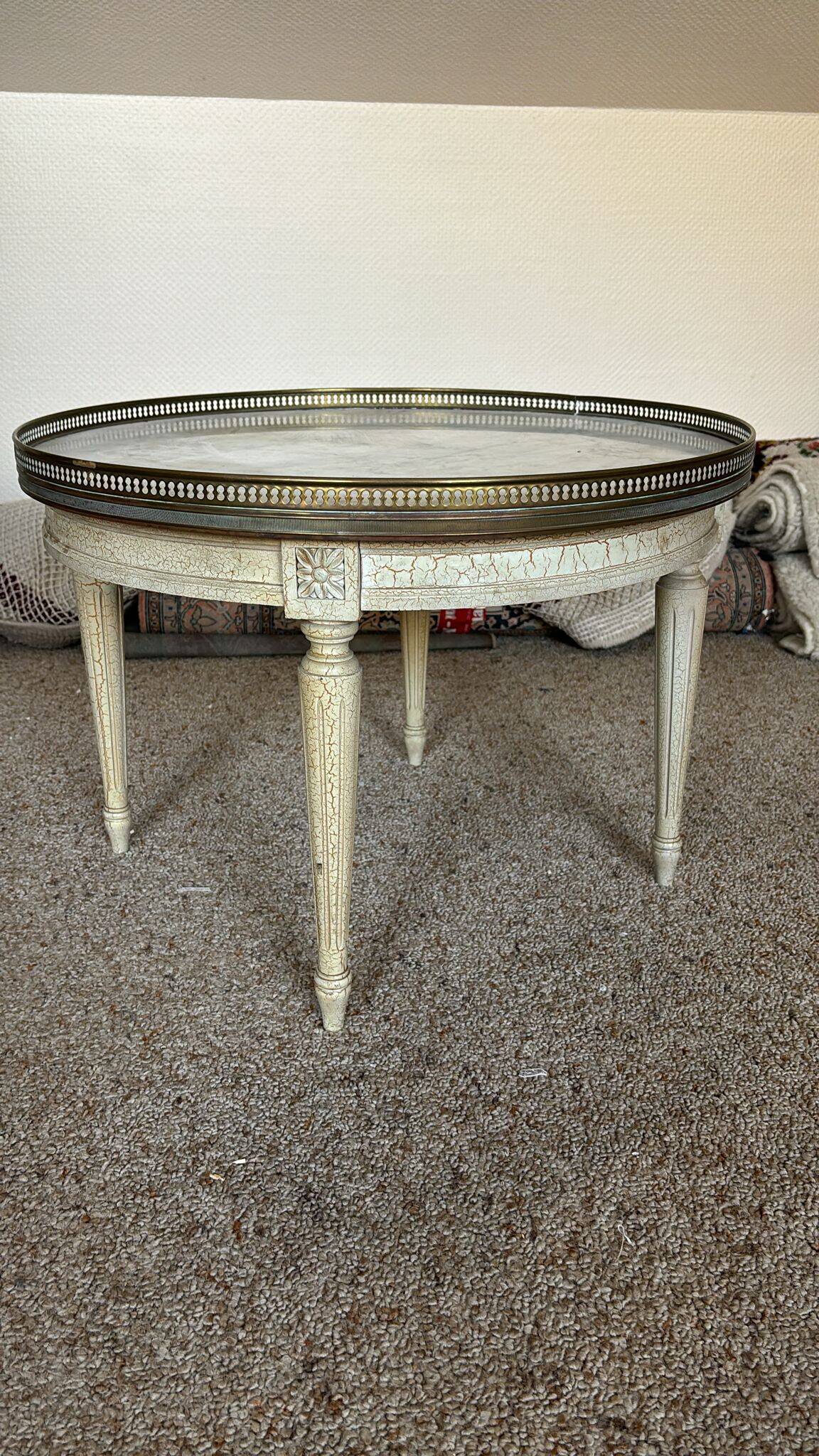 Louis xvi style gueridon wood and white marble top brass gallery