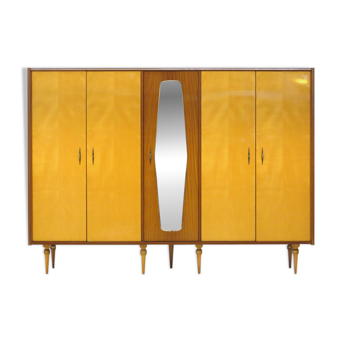 Large vintage mid century modern 5-door Wardrobe in Maple and Teak, 1950s