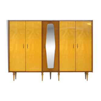 Large vintage mid century modern 5-door Wardrobe in Maple and Teak, 1950s
