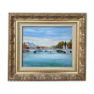 Huile sur toile Le Pont du Carrousel et le musée d'Orsay par Rolf Rafflewski (1943-2019)