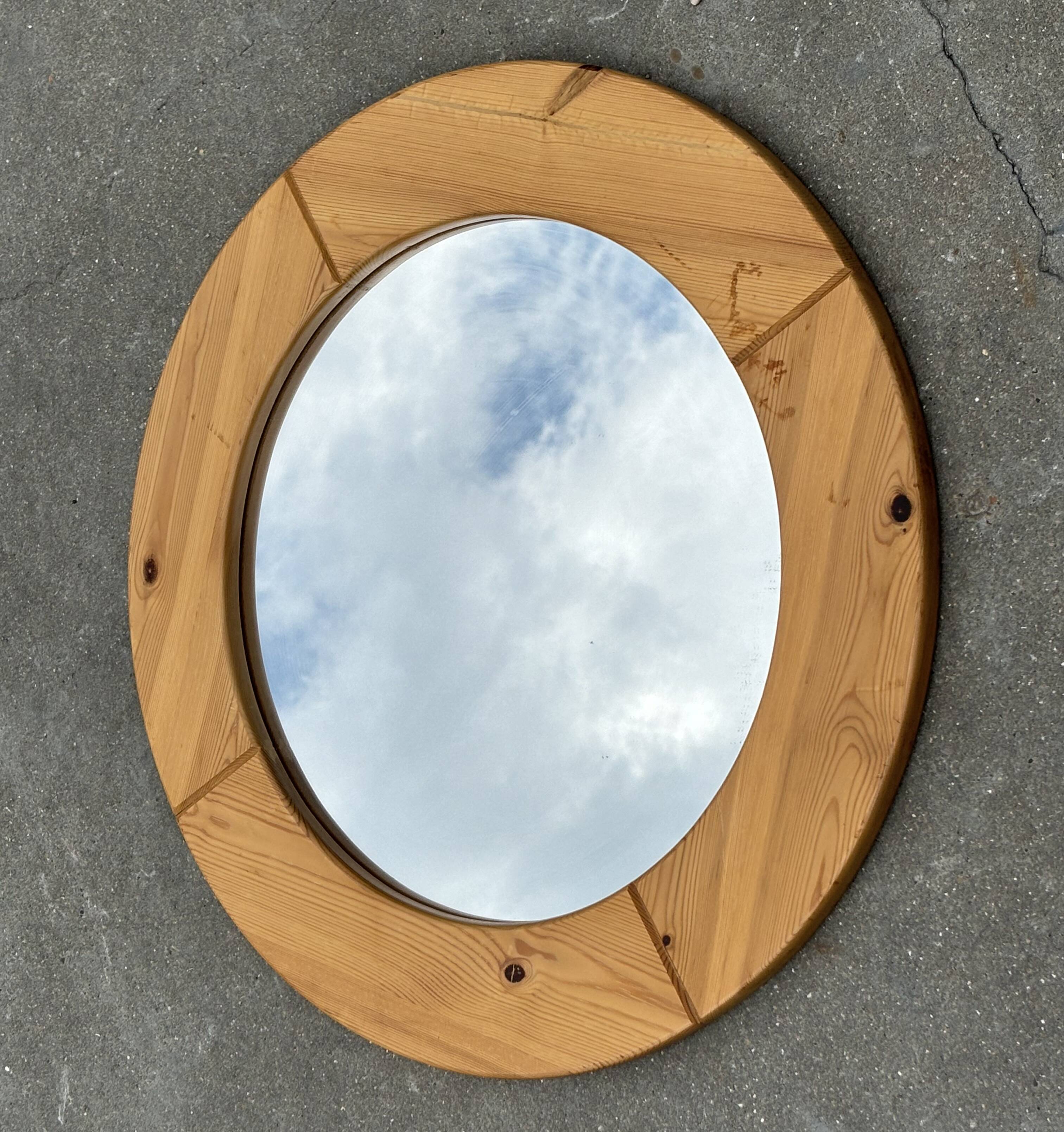 Vintage 70s round pine mirror Swedish design