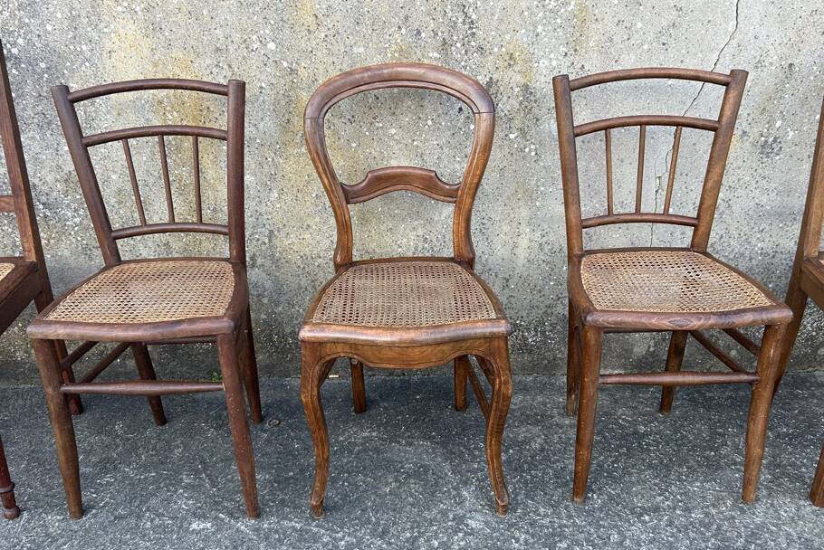 Ensemble de 7 chaises bois et cannage, vintage