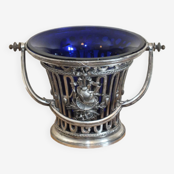 Louis XVI style silver metal and blue glass bucket basket