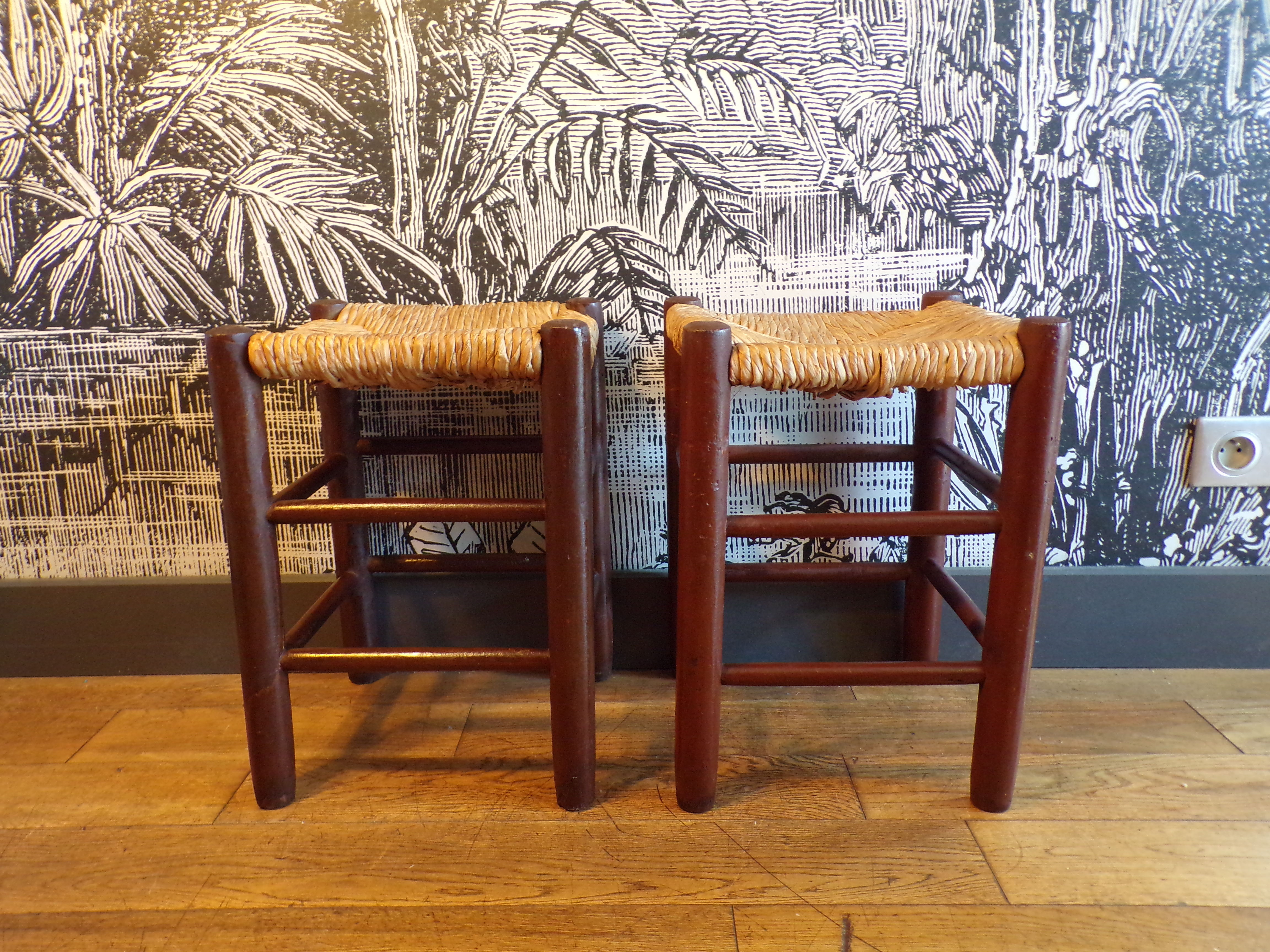 Pair of vintage stools turned wood and straw
