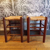 Pair of vintage stools turned wood and straw