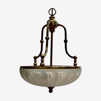 Vintage suspension in gilded brass and pressed glass