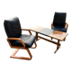 Ensemble mid-century 1960s : 2 fauteuils noirs en tissu et table basse bois et noire