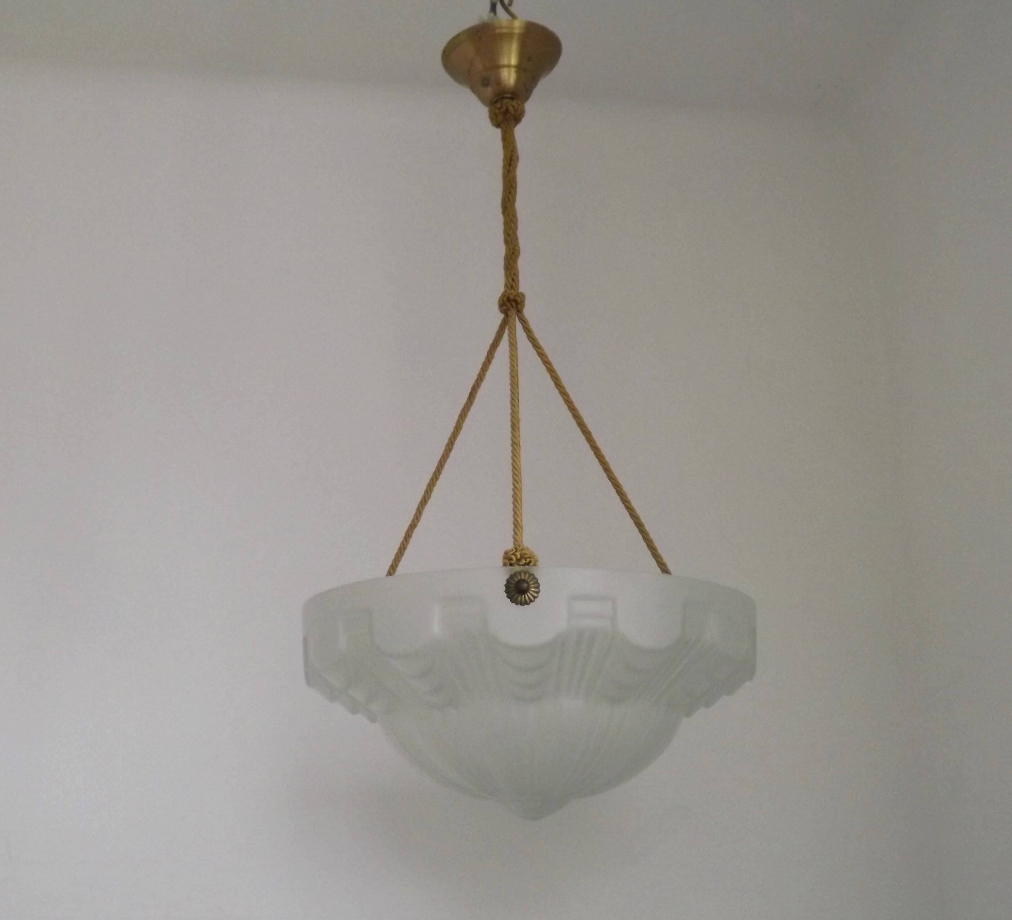 Vintage French 1930s Art Deco Gometric White Glass Ceiling Light
