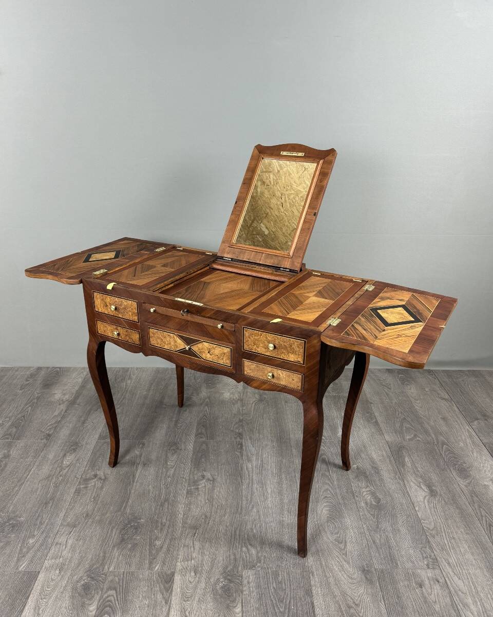 Marquetry Hairdresser in Louis XV Style, Dressing Table with Mirror, 20th Century