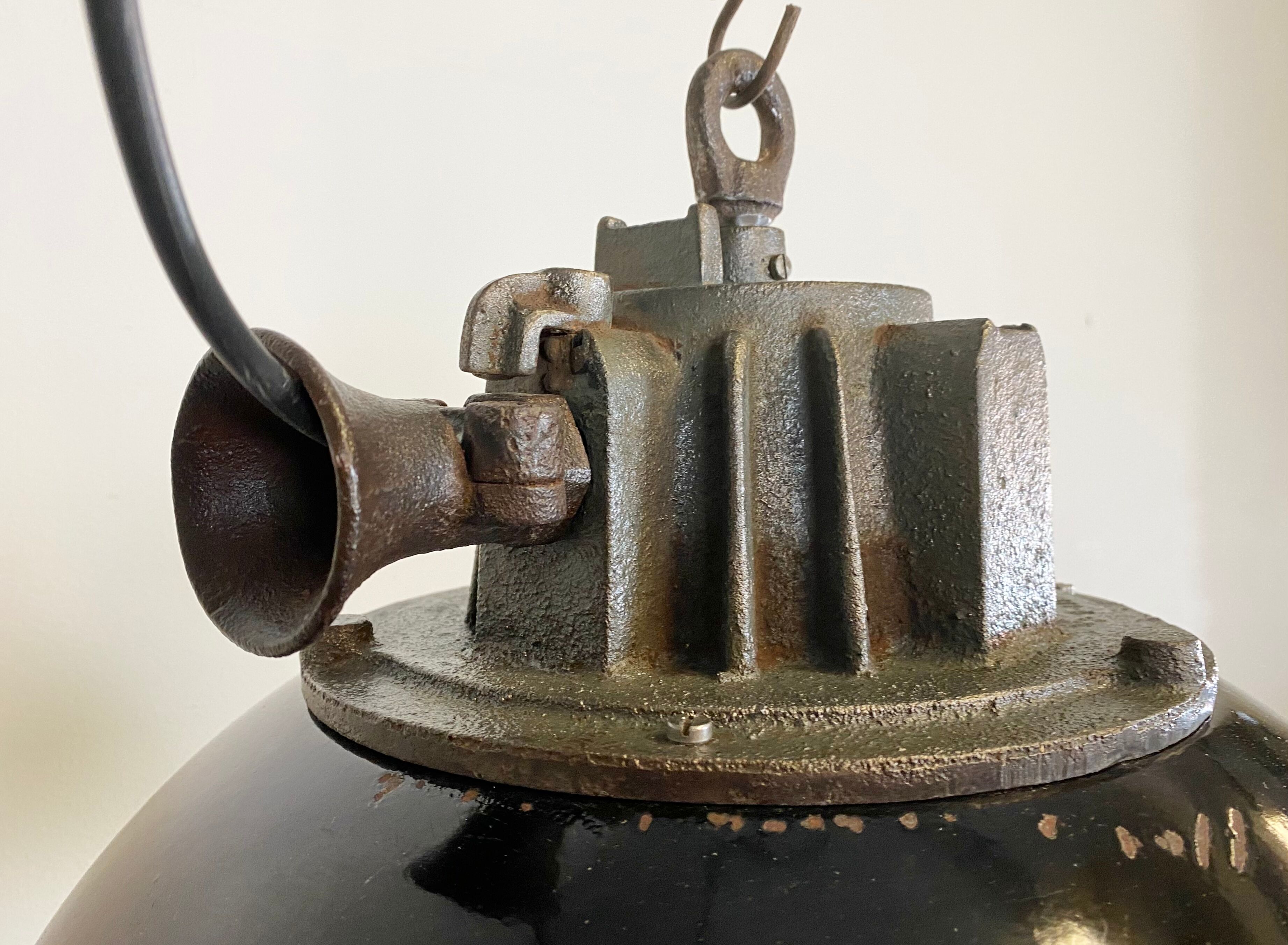 Black Enamel and Cast Iron Industrial Cage Pendant Light, 1950s