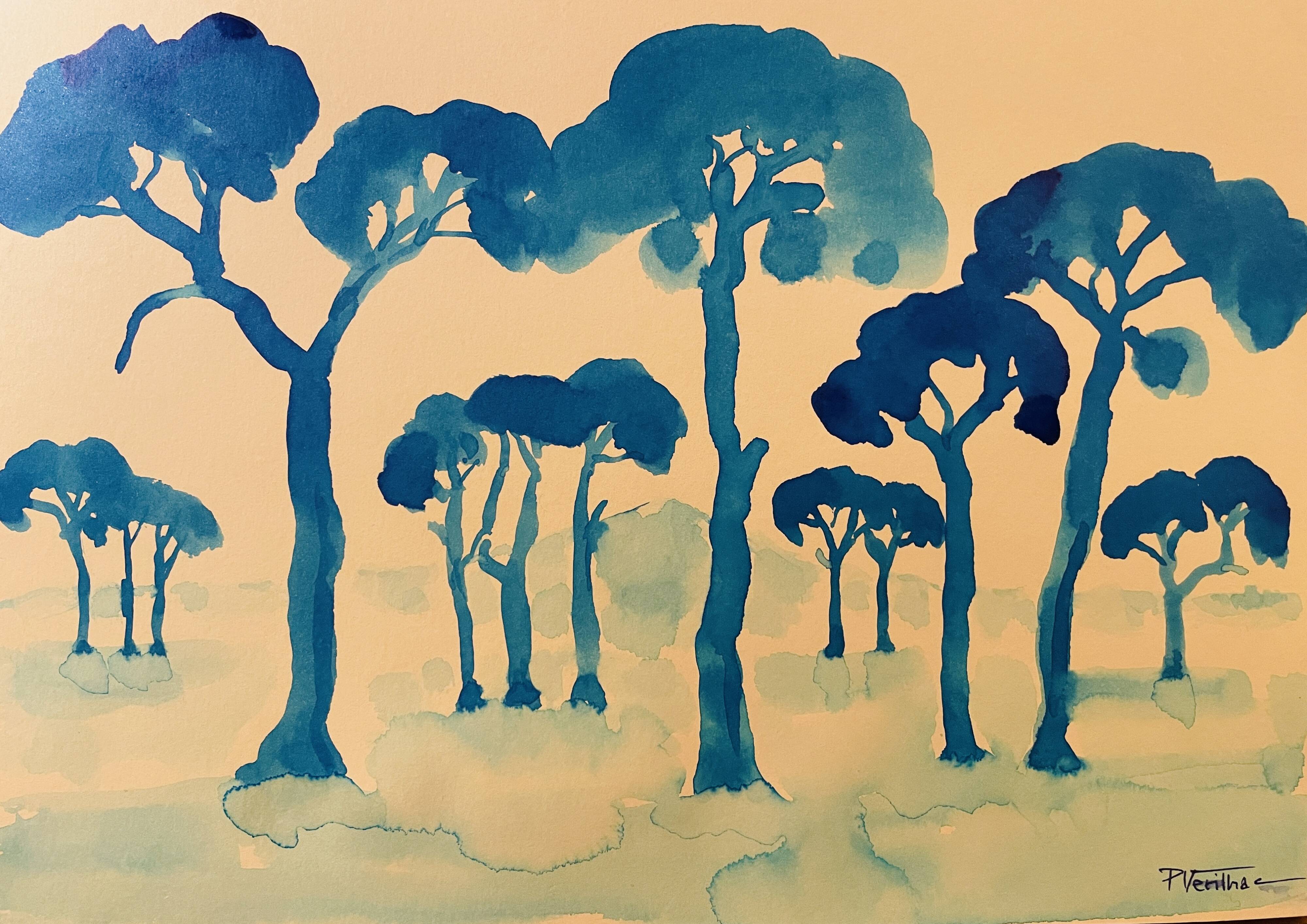 Tableau signé aquarelle coucher de soleil sur le Mont Ventoux Provence