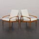 Pair of Kai Kristiansen Paperknife lounge chairs in teak and natural wool