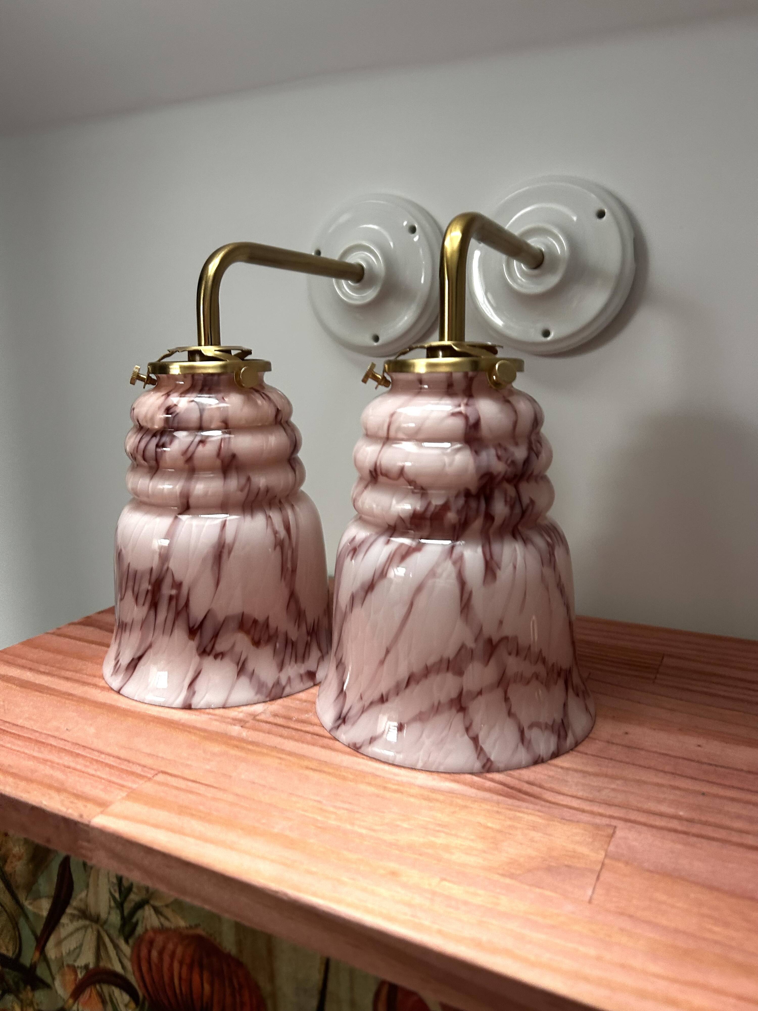 Pair of marbled pink opaline wall lights