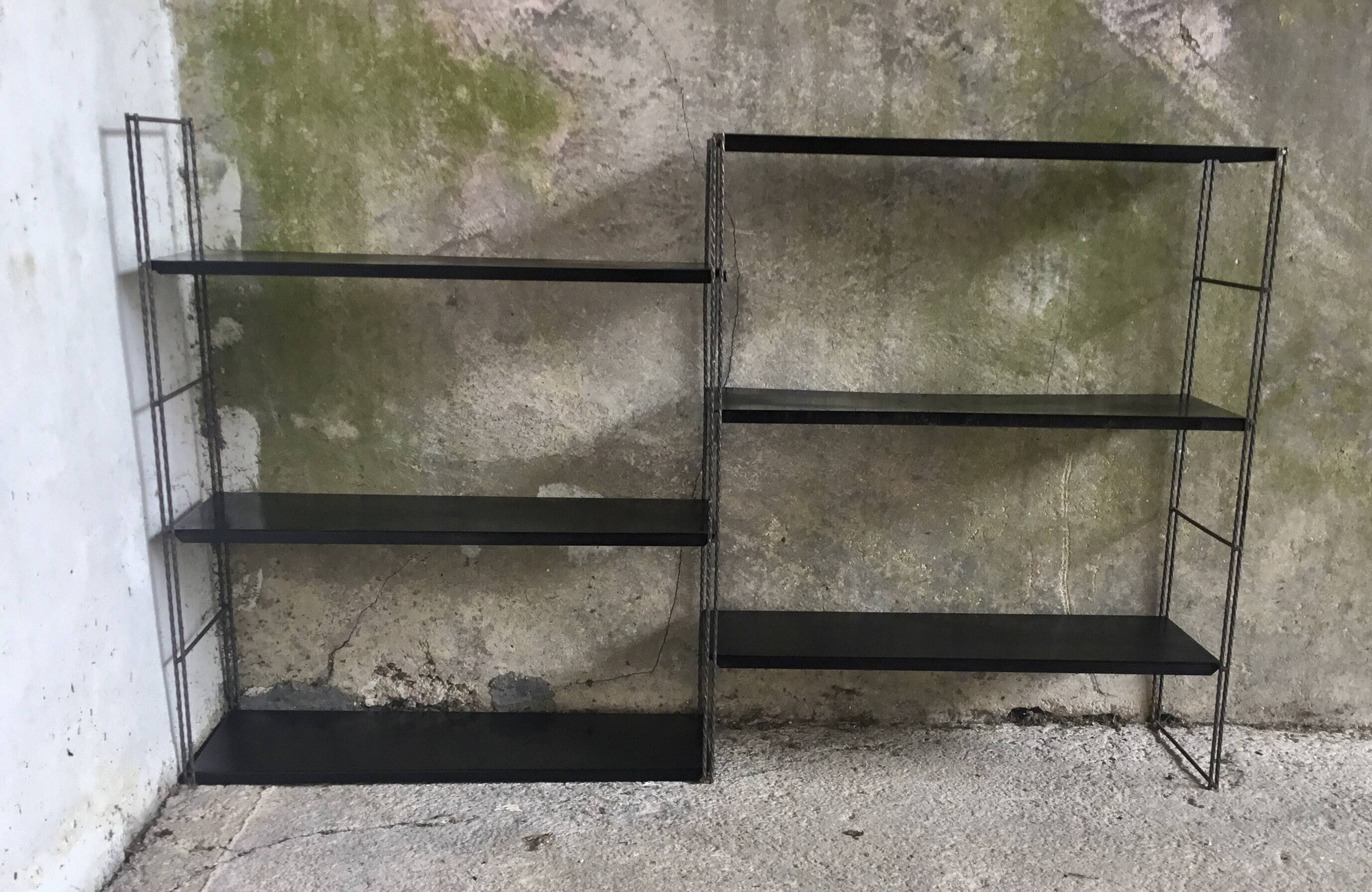 Double metal string shelf - 6 shelves, 3 uprights - vintage 1960