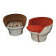 Set of 2 vintage 1970s tub chairs in brown, red, and white fabric with a enveloping silhouette.