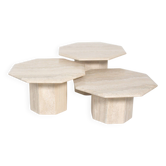 Ensemble de 3 tables d'appoint octogonales en travertin, années 1970,