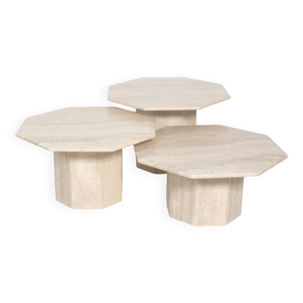 Set of 3 octagonal travertine side tables, 1970s,