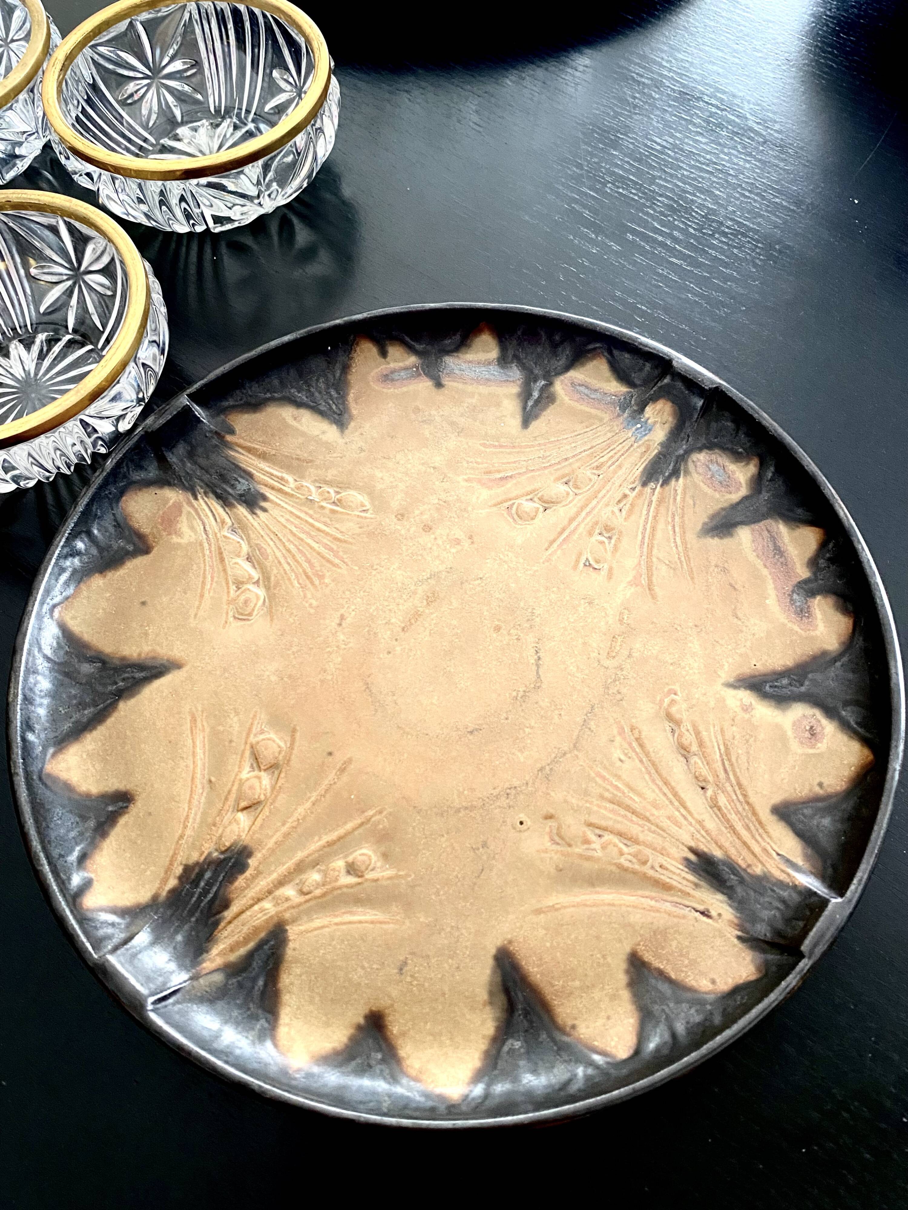 Denbac plate, flame-decorated ceramic